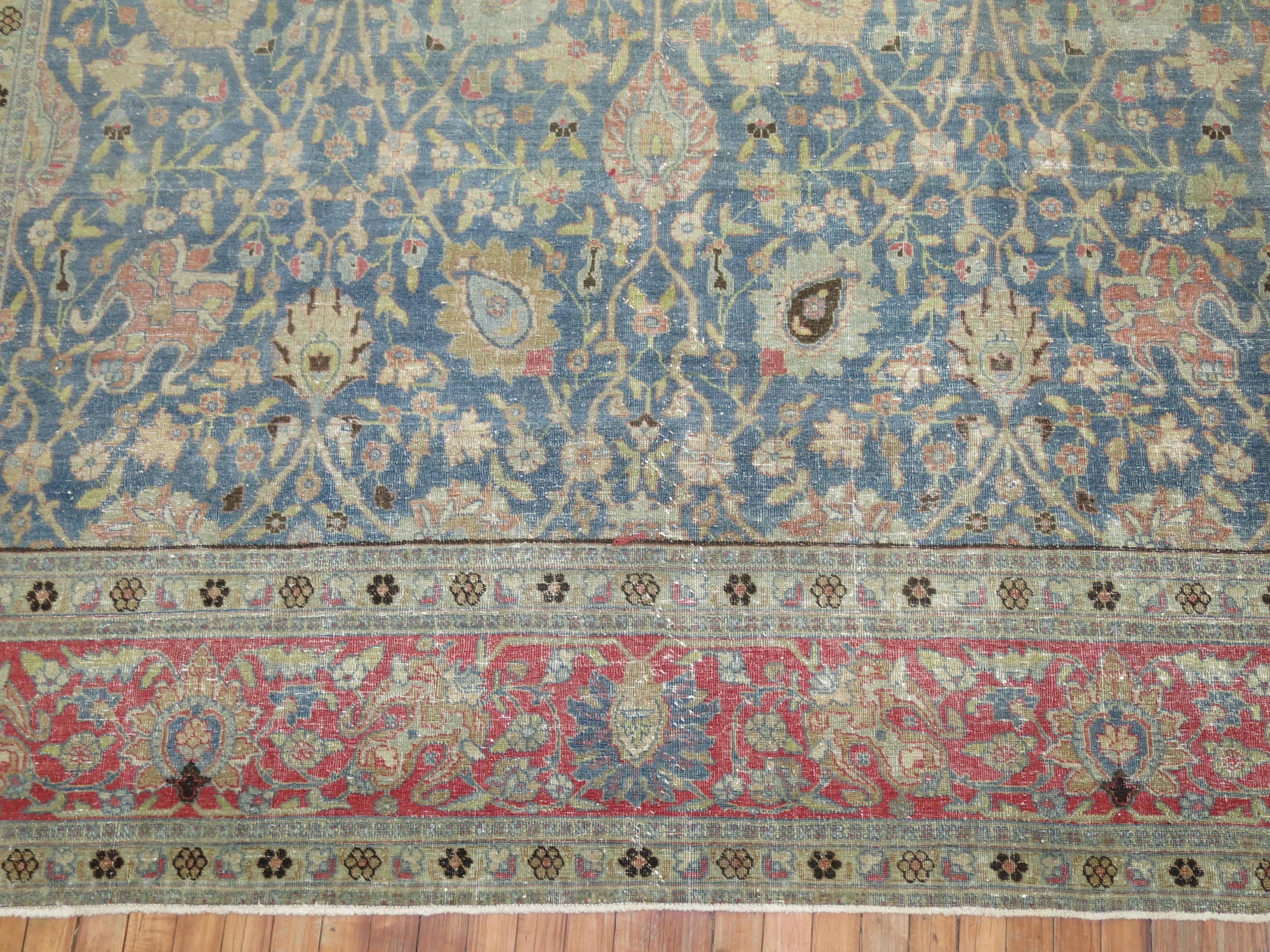 Wool Square Antique Persian Tabriz Rug in Blues and Pink