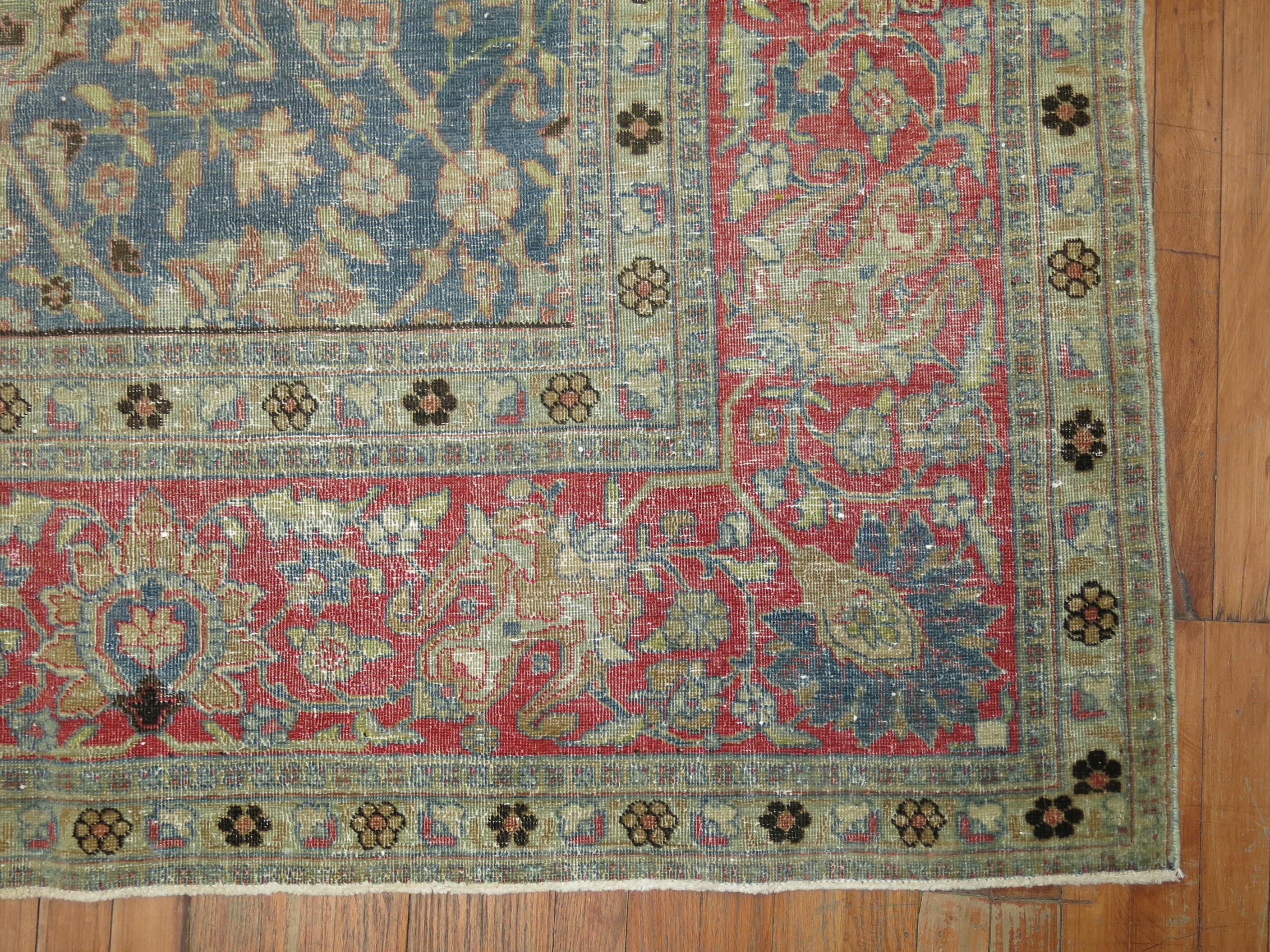 Square Antique Persian Tabriz Rug in Blues and Pink 1
