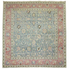 Square Antique Persian Tabriz Rug in Blues and Pink