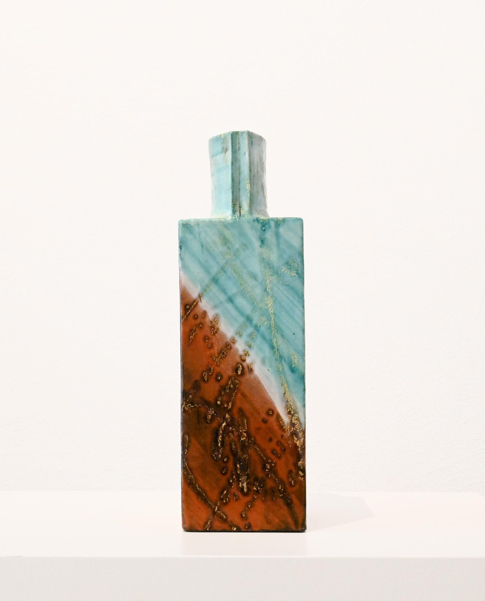 Square aqua and brown square slab vase by Marcello Fantoni Italy For Sale 3