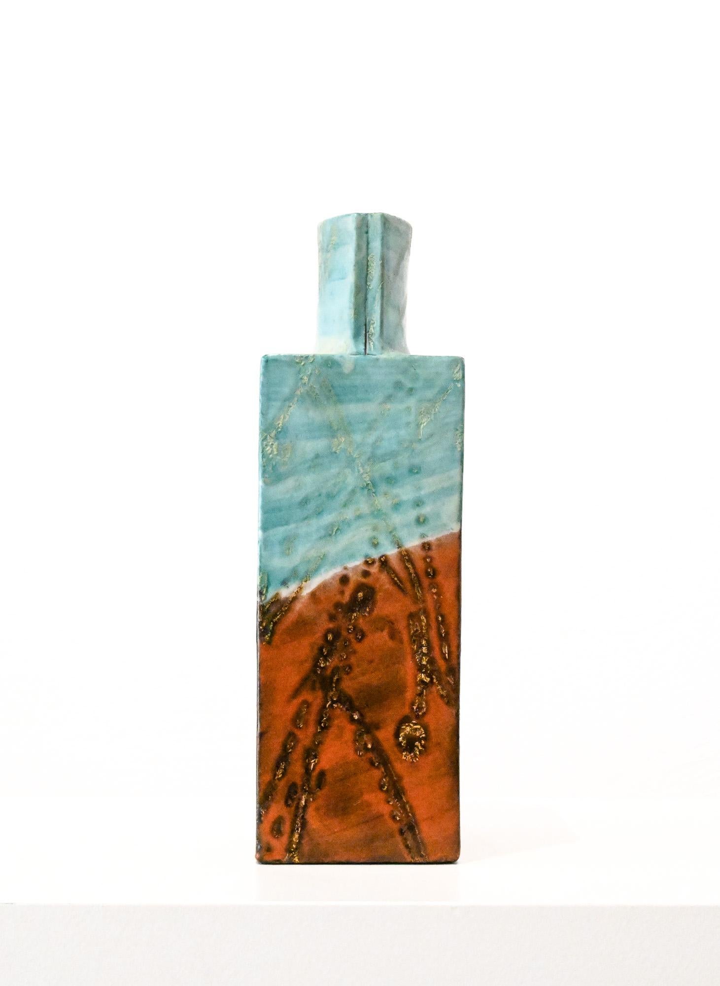 Square aqua and brown square slab vase by Marcello Fantoni Italy For Sale 4