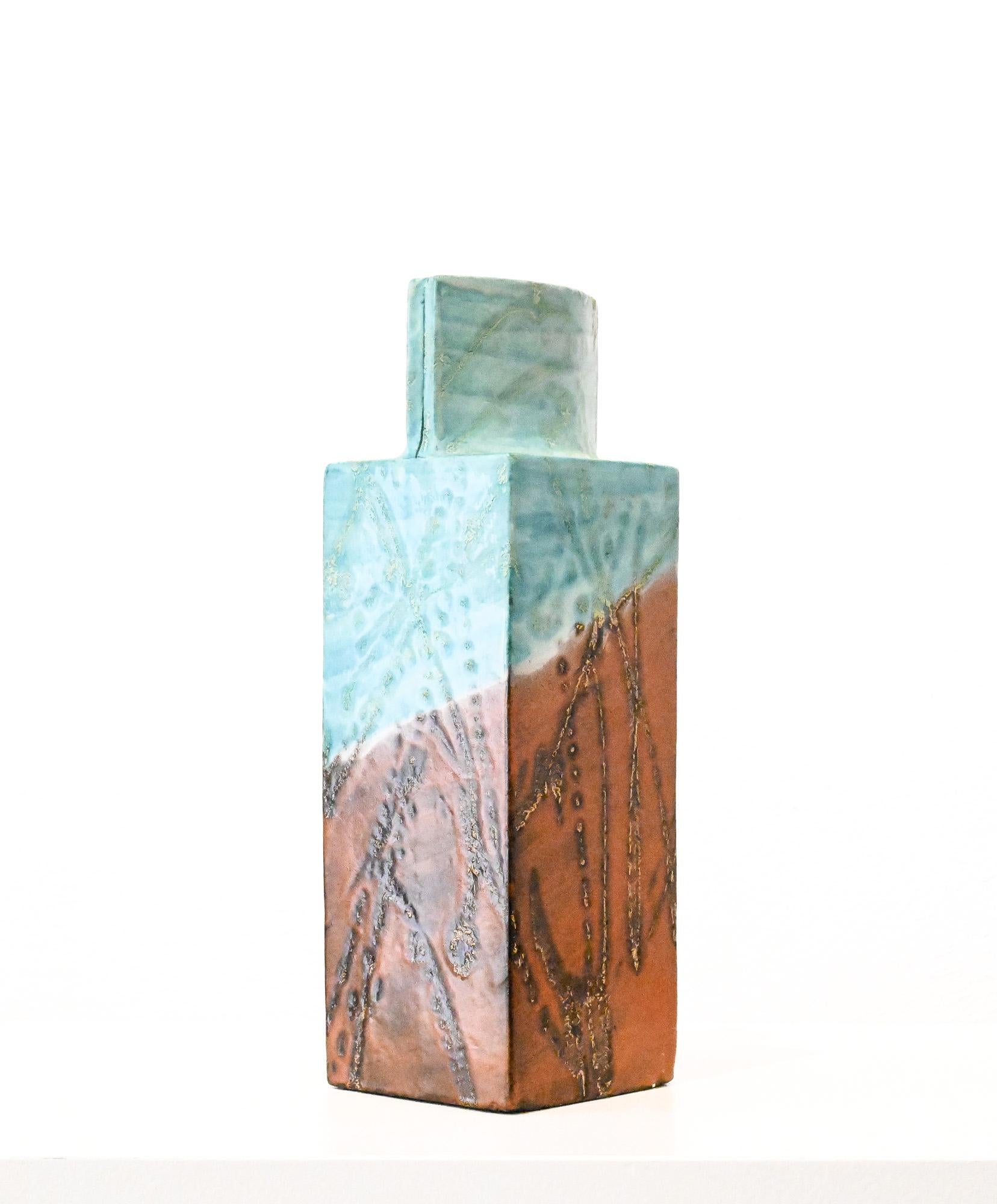 Square aqua and brown square slab vase by Marcello Fantoni Italy For Sale 5