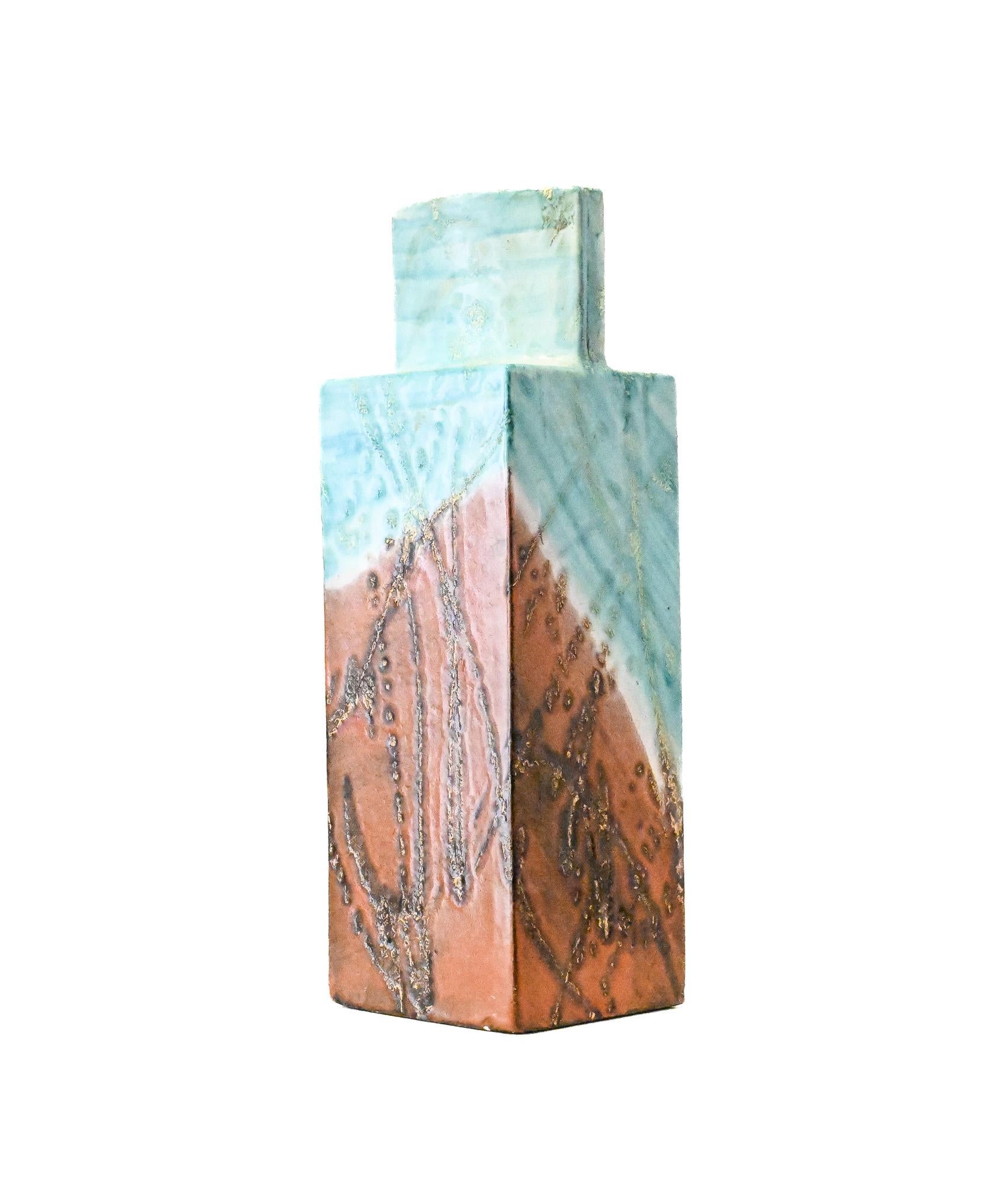 Square aqua and brown square slab vase by Marcello Fantoni Italy For Sale 6