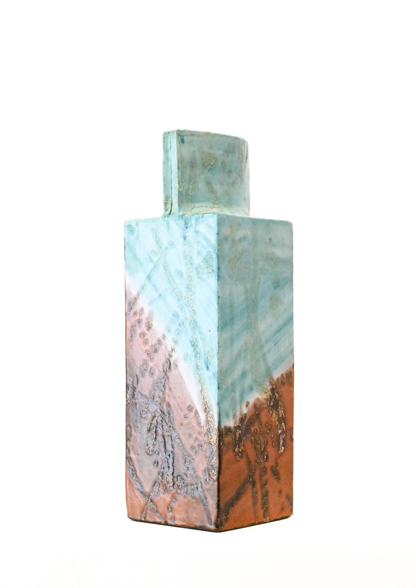 Square aqua and brown square slab vase by Marcello Fantoni Italy For Sale 7