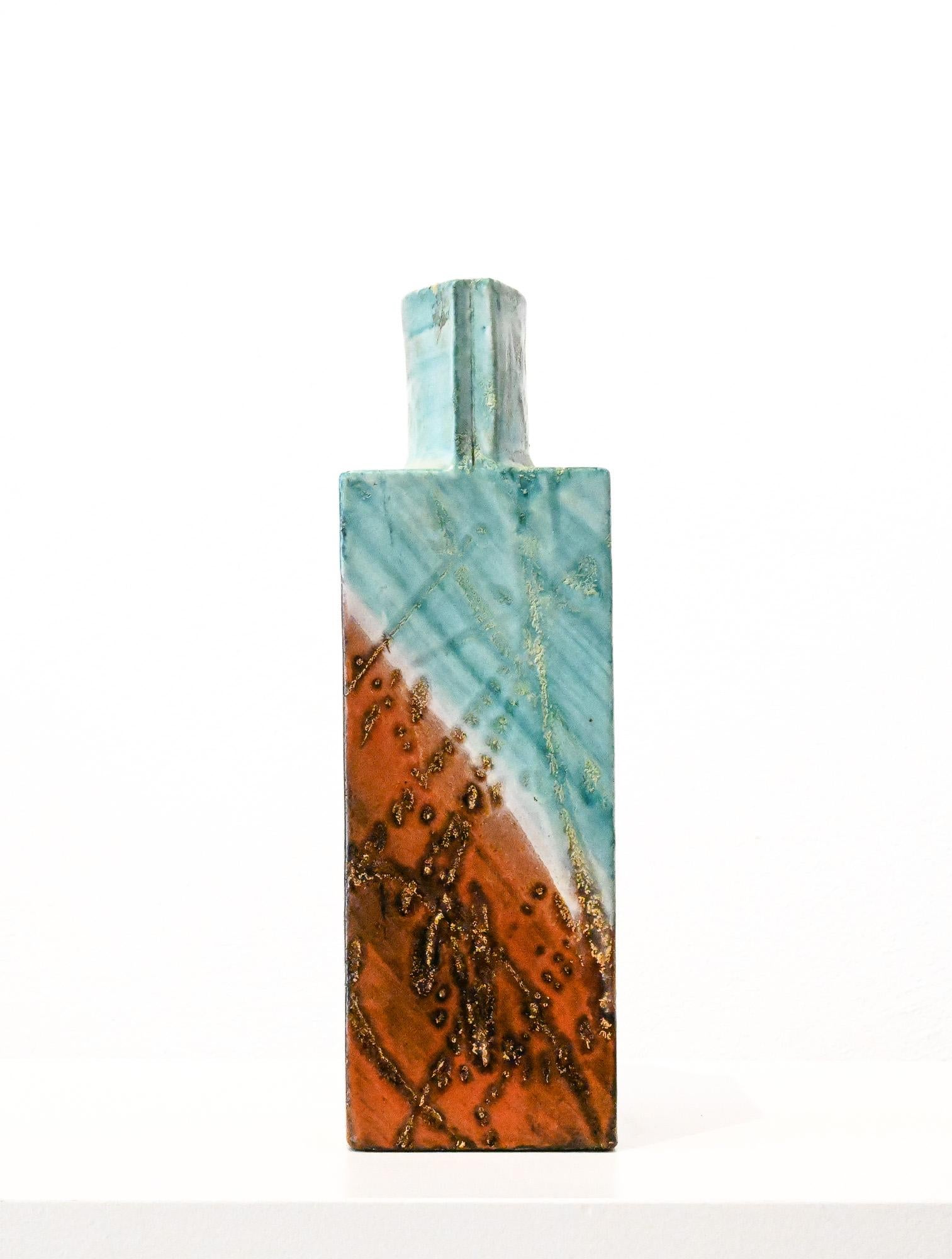 Square aqua and brown square slab vase by Marcello Fantoni Italy For Sale 9