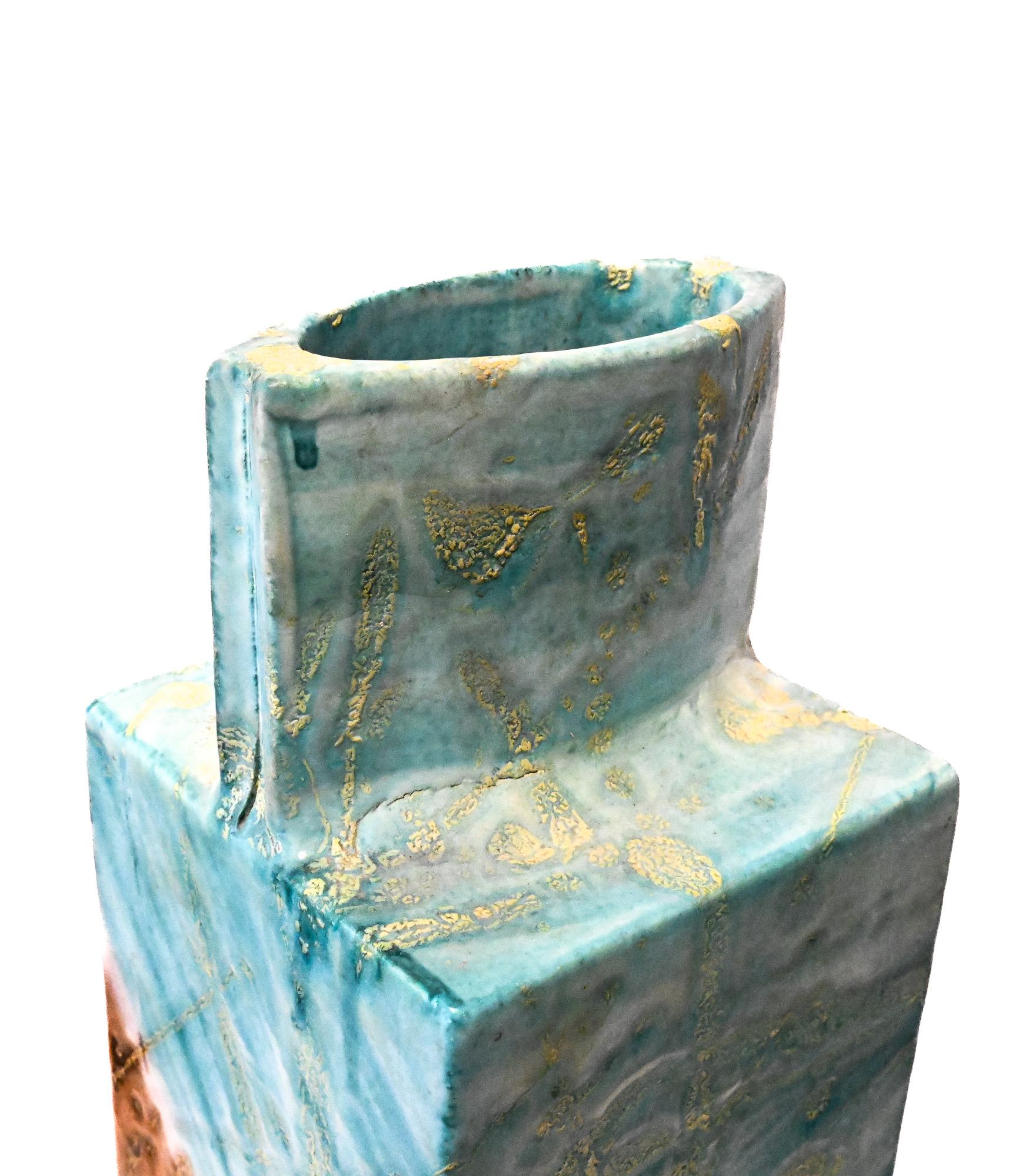Italian Square aqua and brown square slab vase by Marcello Fantoni Italy For Sale