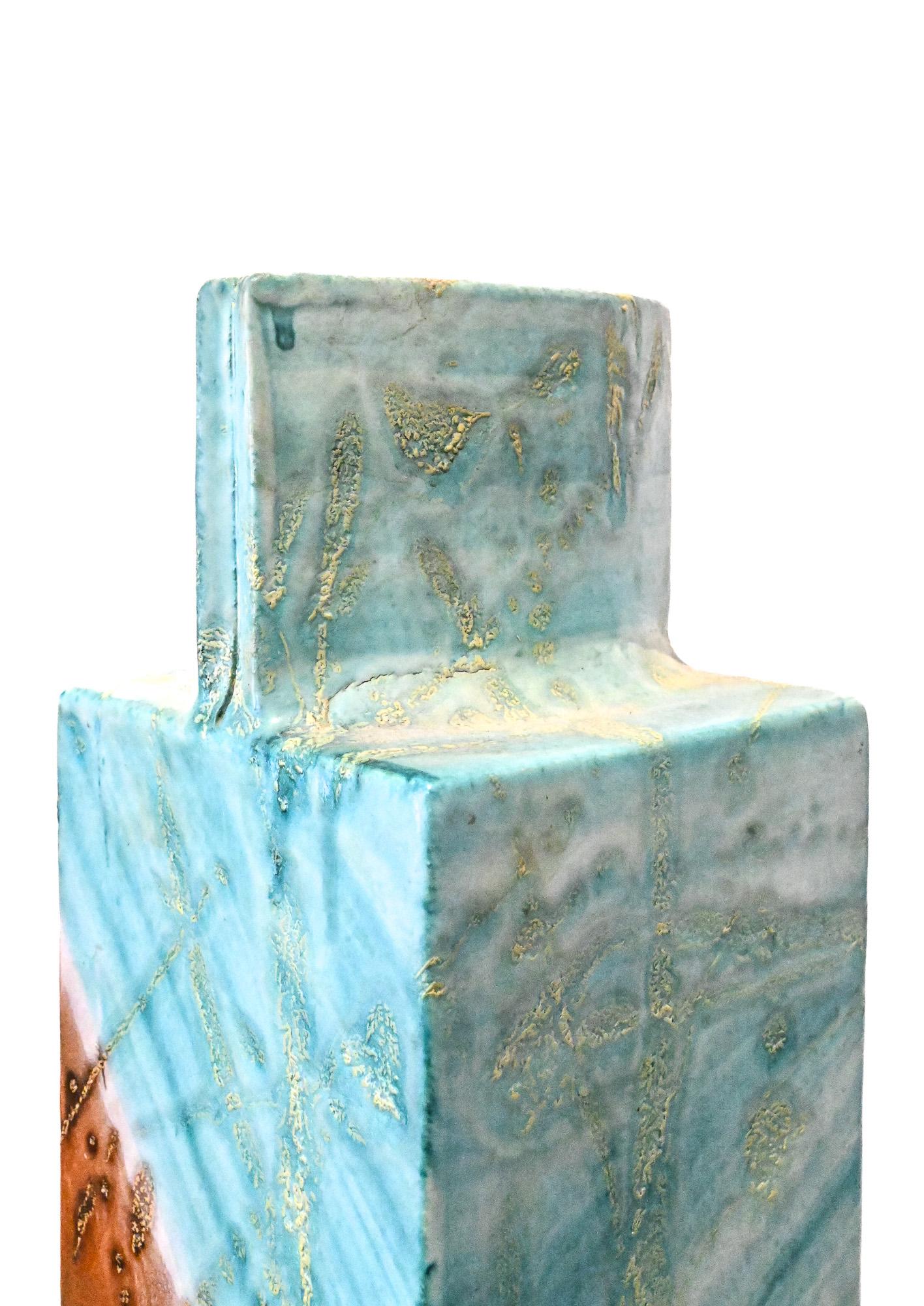 Square aqua and brown square slab vase by Marcello Fantoni Italy In Good Condition For Sale In Henley-on Thames, Oxfordshire