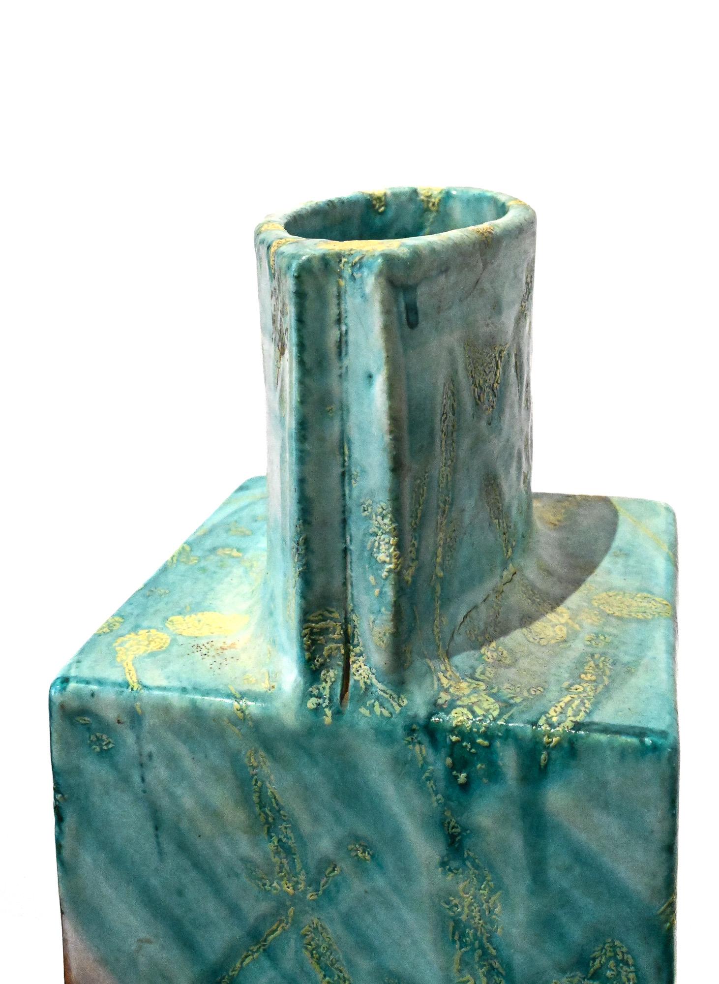 20th Century Square aqua and brown square slab vase by Marcello Fantoni Italy For Sale