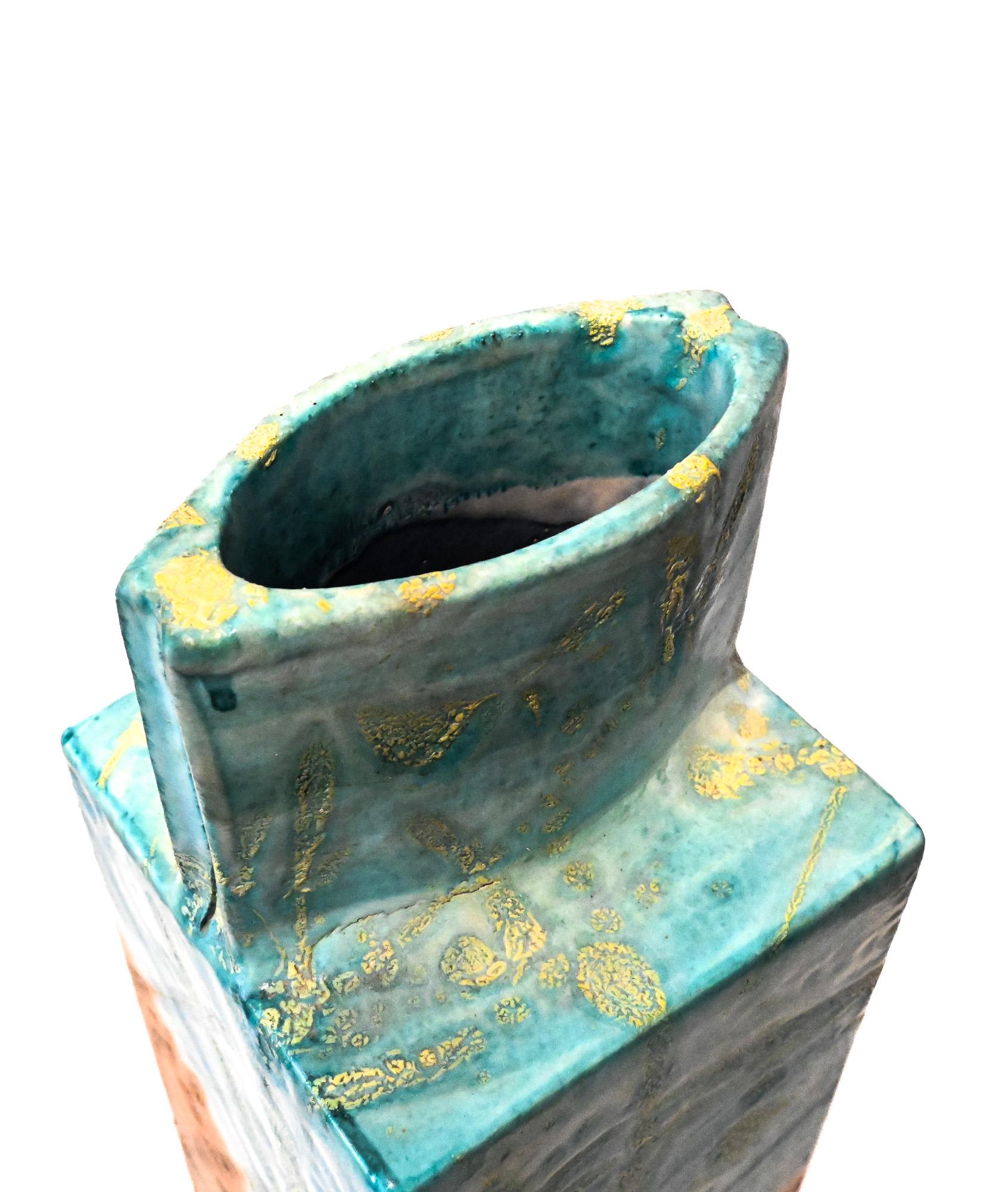 Céramique Vase carré en dalles aqua et Brown par Marcello Fantoni Italie en vente