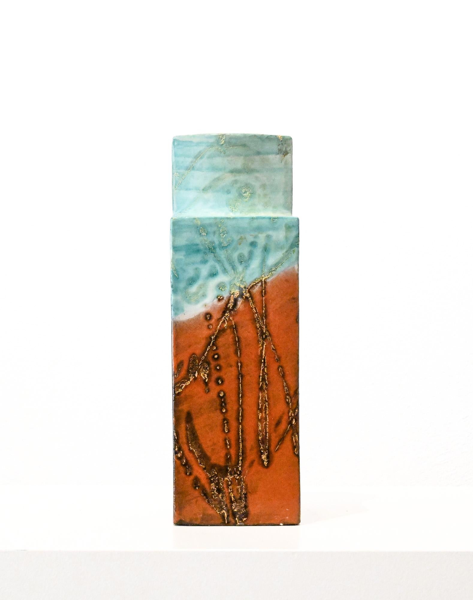 Square aqua and brown square slab vase by Marcello Fantoni Italy For Sale 1
