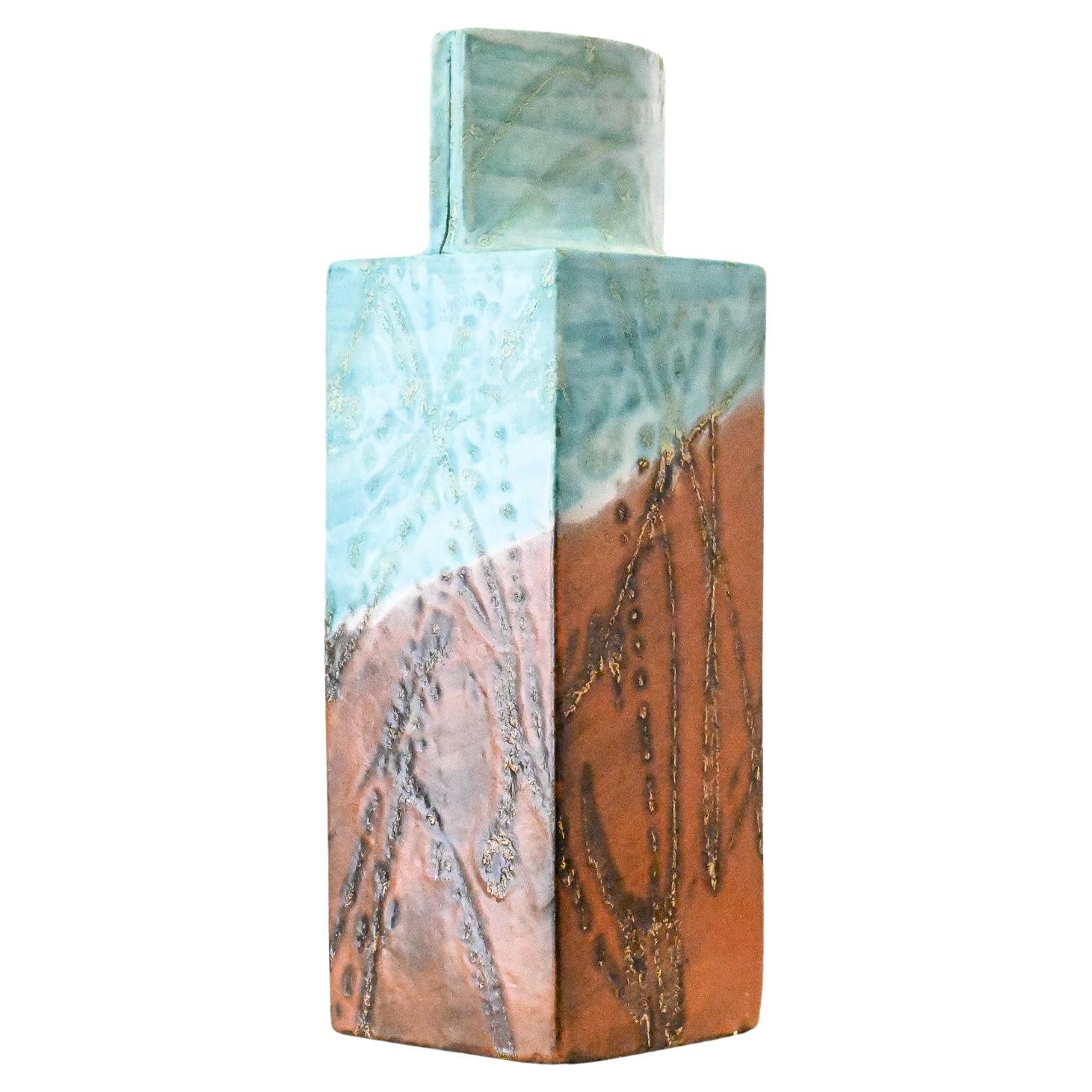 Square aqua and brown square slab vase by Marcello Fantoni Italy