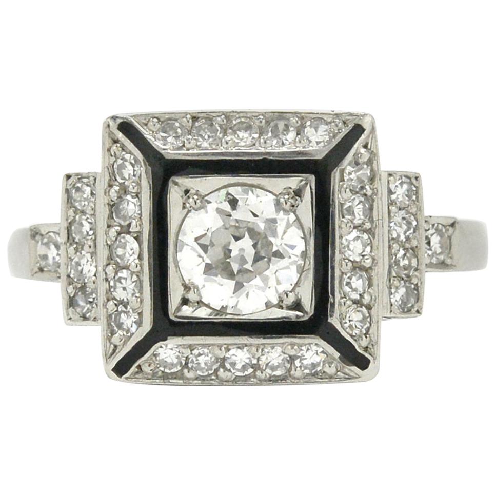 Square Art Deco Engagement Ring Black Enamel Certified Old European Diamond Halo