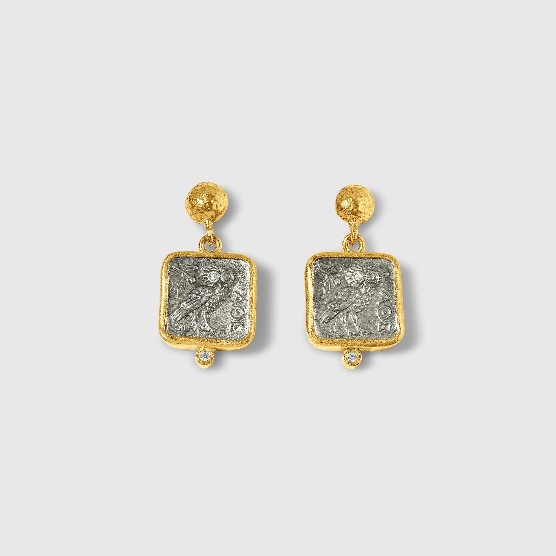 Square, Athena's Owl Earrings with Diamond Detail, in 24kt Gold and Sterling Silver by Prehistoric Works of Istanbul, Turkey. Length: 24mm (.9