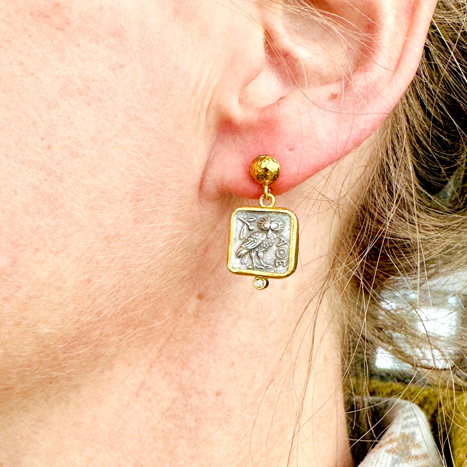 Round Cut Square, Athena's Owl Post Earrings with Diamond Detail, 24kt Gold and SS