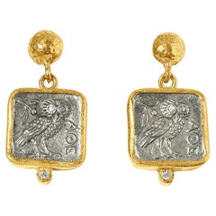 Square, Athena's Owl Post Earrings with Diamond Detail, 24kt Gold and SS