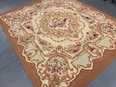 Square Aubusson Rug Brown Blue Handwoven Carpet Floral Livingroom Rug Home Decor