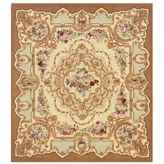 Square Aubusson Rug Brown Blue Handwoven Carpet Floral Livingroom Rug Home Decor