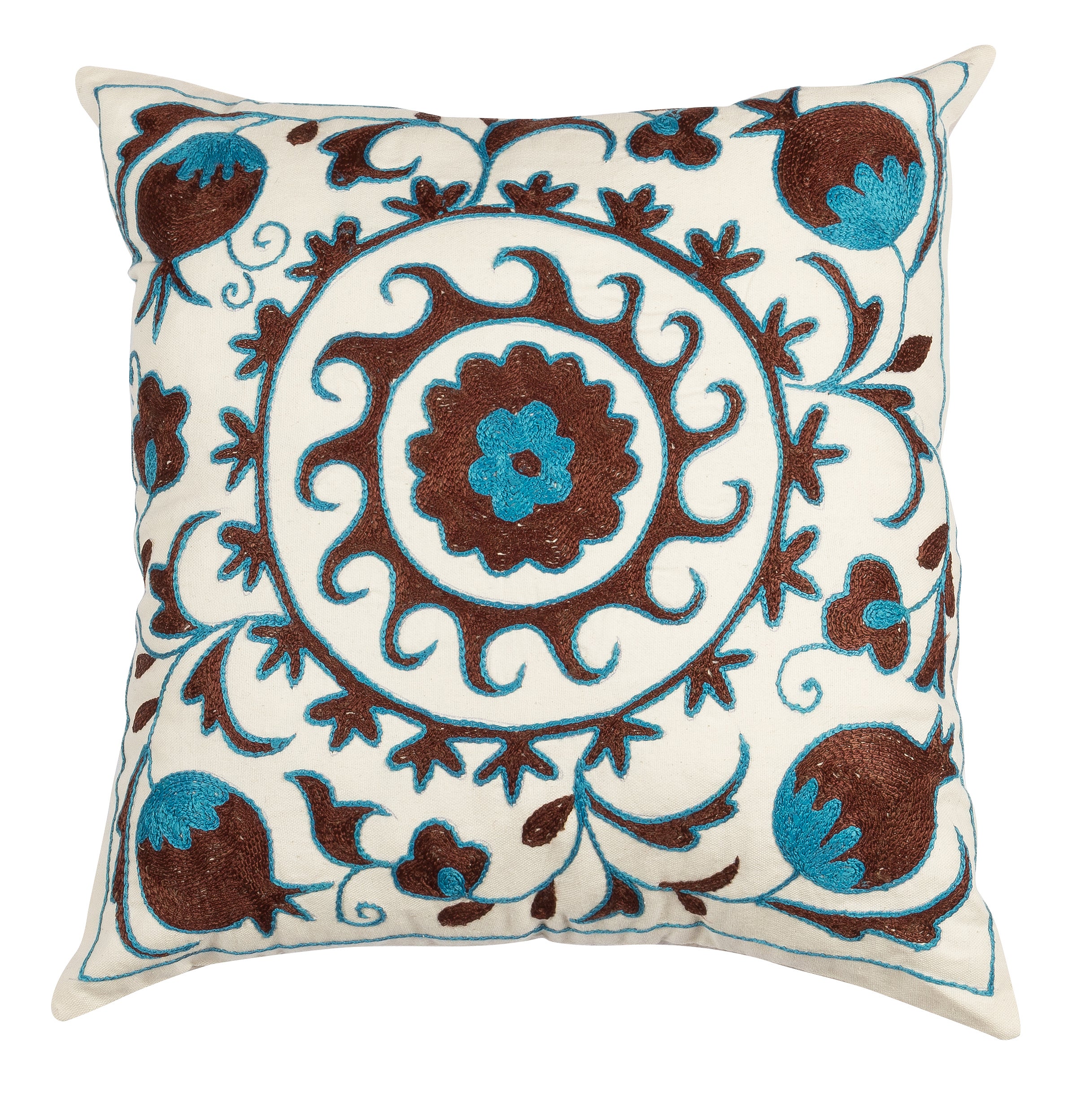 18''x18'' Square Silk Hand Embroidery Suzani Cushion Cover in Blue, Cream, Brown