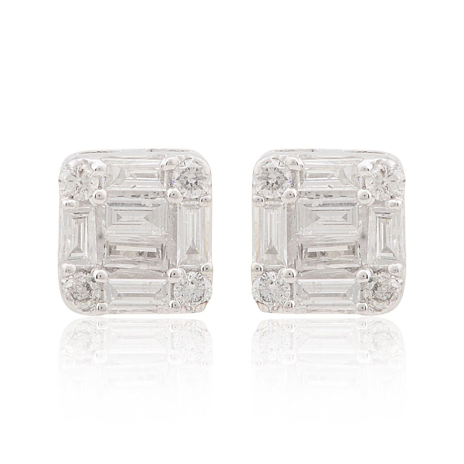 Square Cut Square Baguette Diamond 10 Karat Gold Stud Earrings For Sale