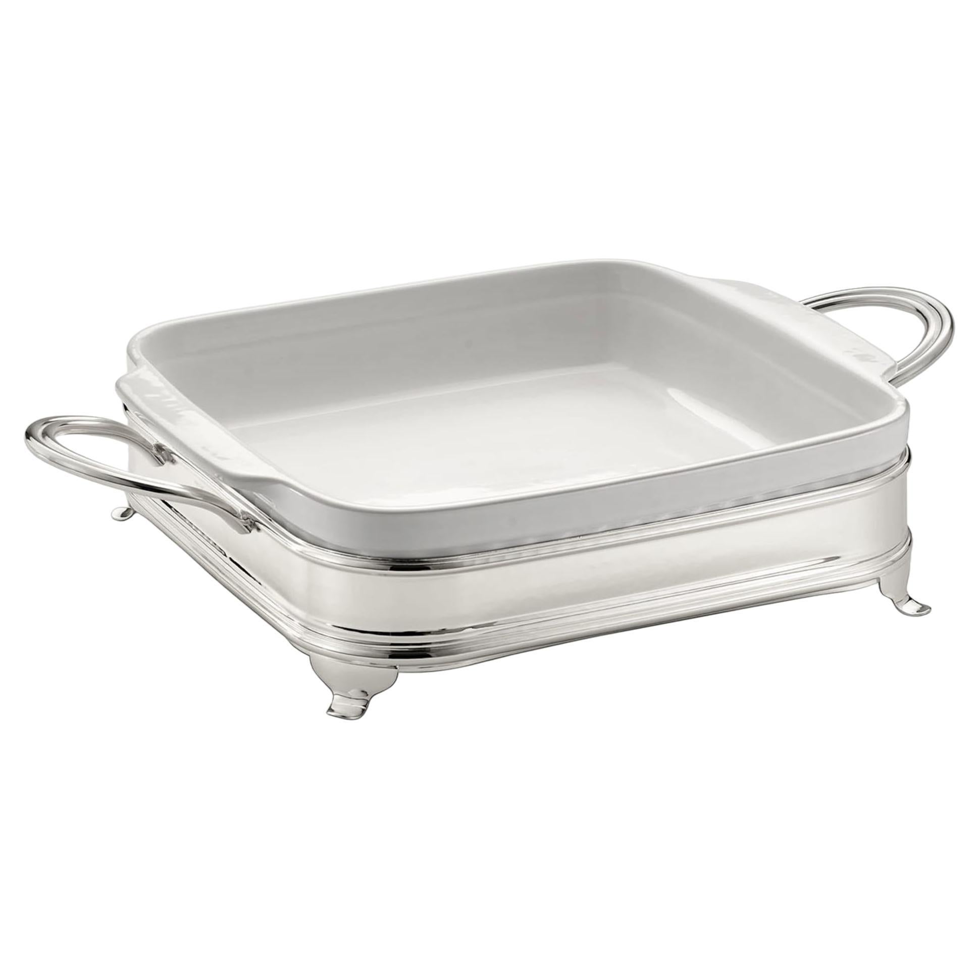 Square Baking Dish with Two-Handle Silver Holder For Sale