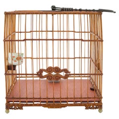 Used Square Bamboo Chinese Birdcage with Cloth Cover, circa 1900