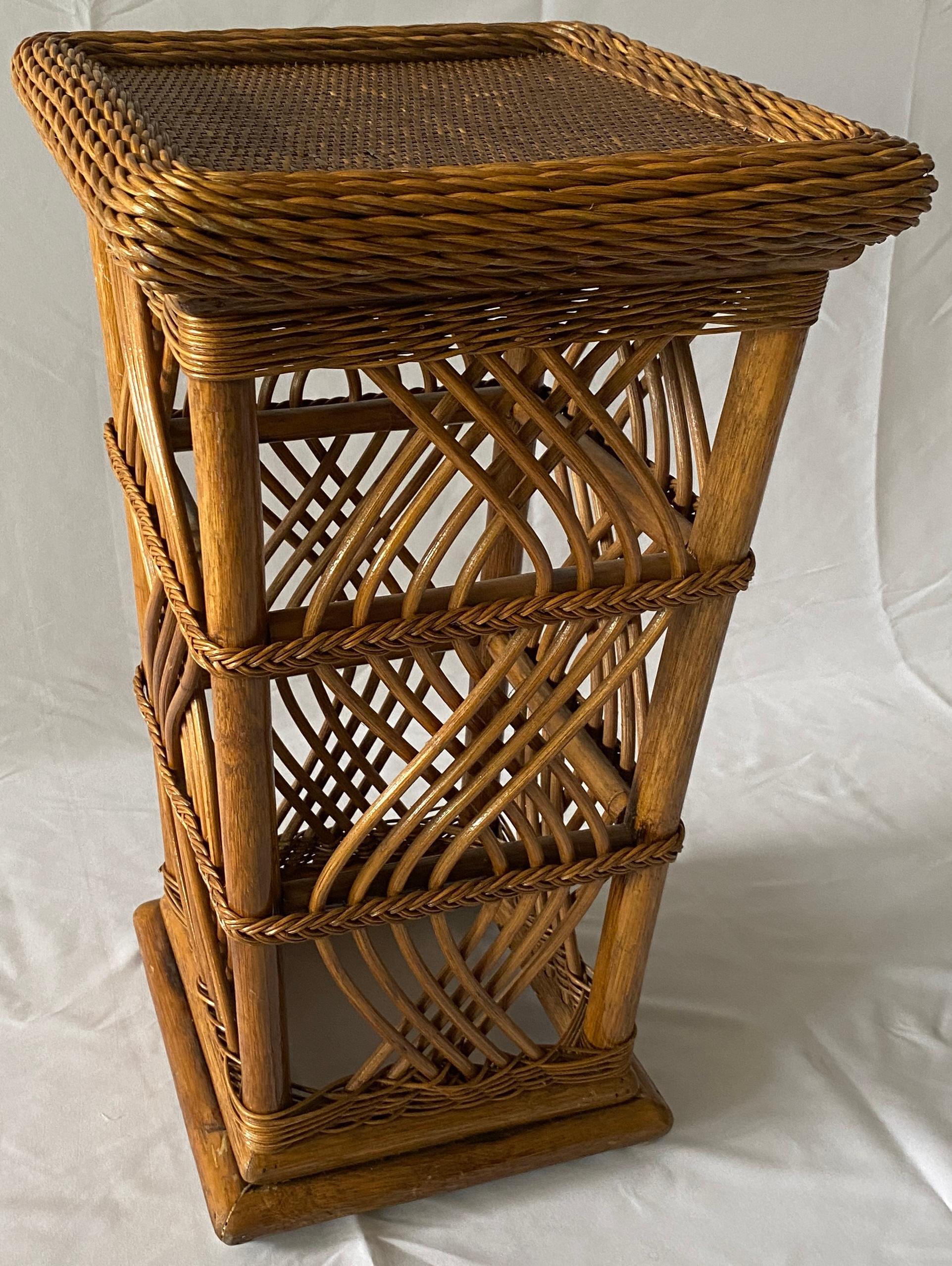 A good quality square bamboo and rattan end table or side table. Interesting and stylish frame. Made from imported bamboo this end table is a wonderful example American island flair design. 

Will enhance any contemporary, mid-century or modern