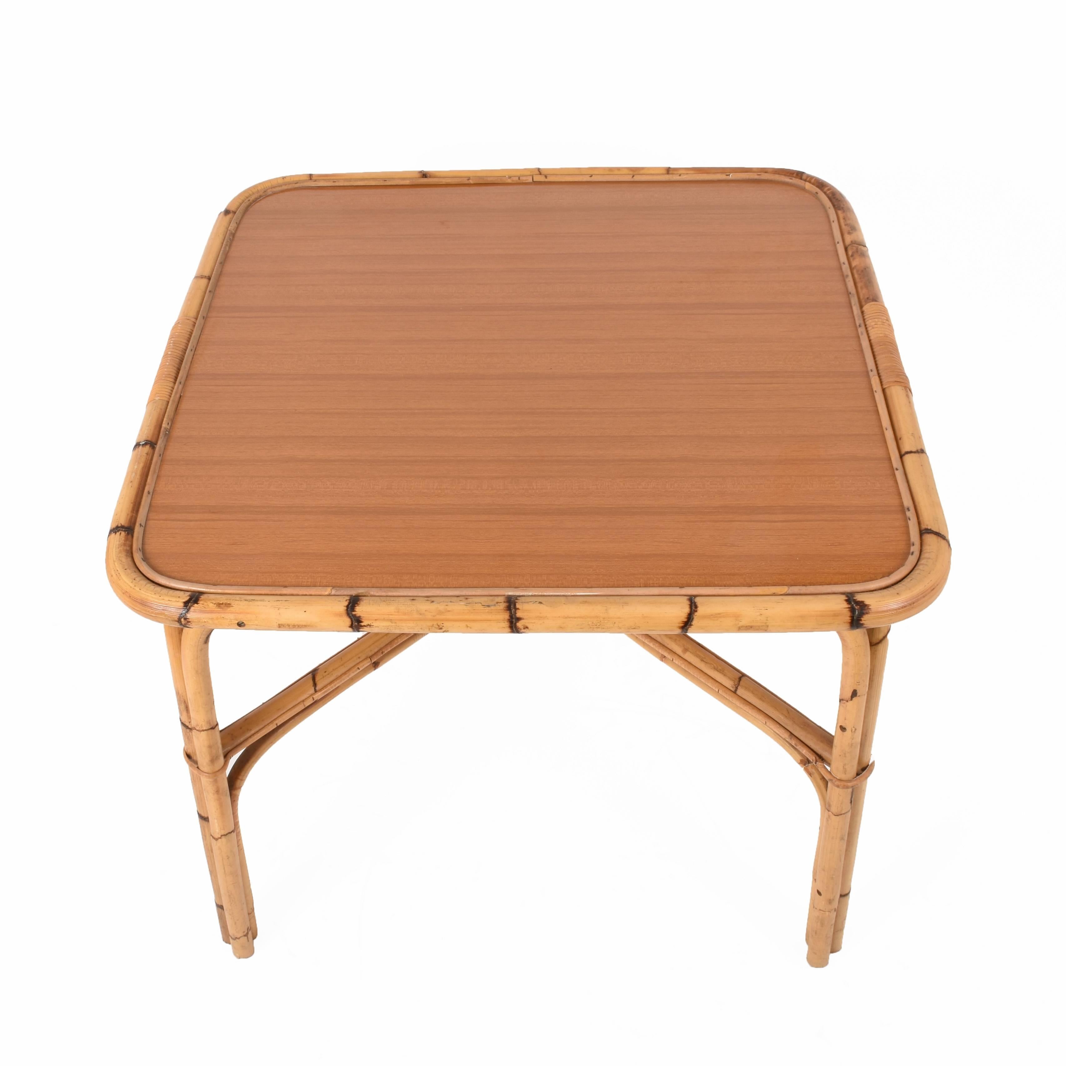 Mid-Century Modern Square Bamboo Table, Ant Laminate Top, Italy, 1960s