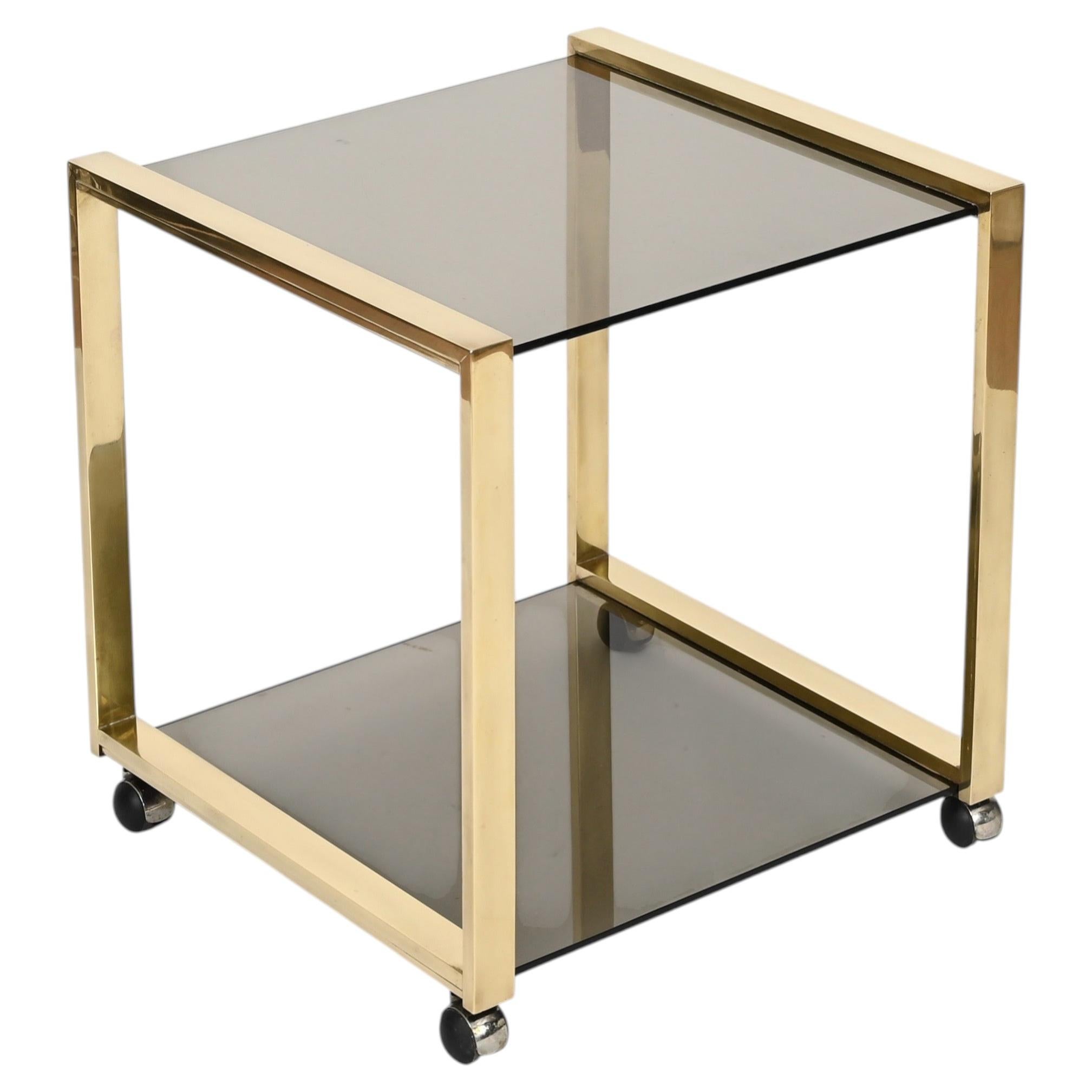 Square Bar Cart in Solid Brass with Smoked Glass, Willy Rizzo, Italy, 1970s
