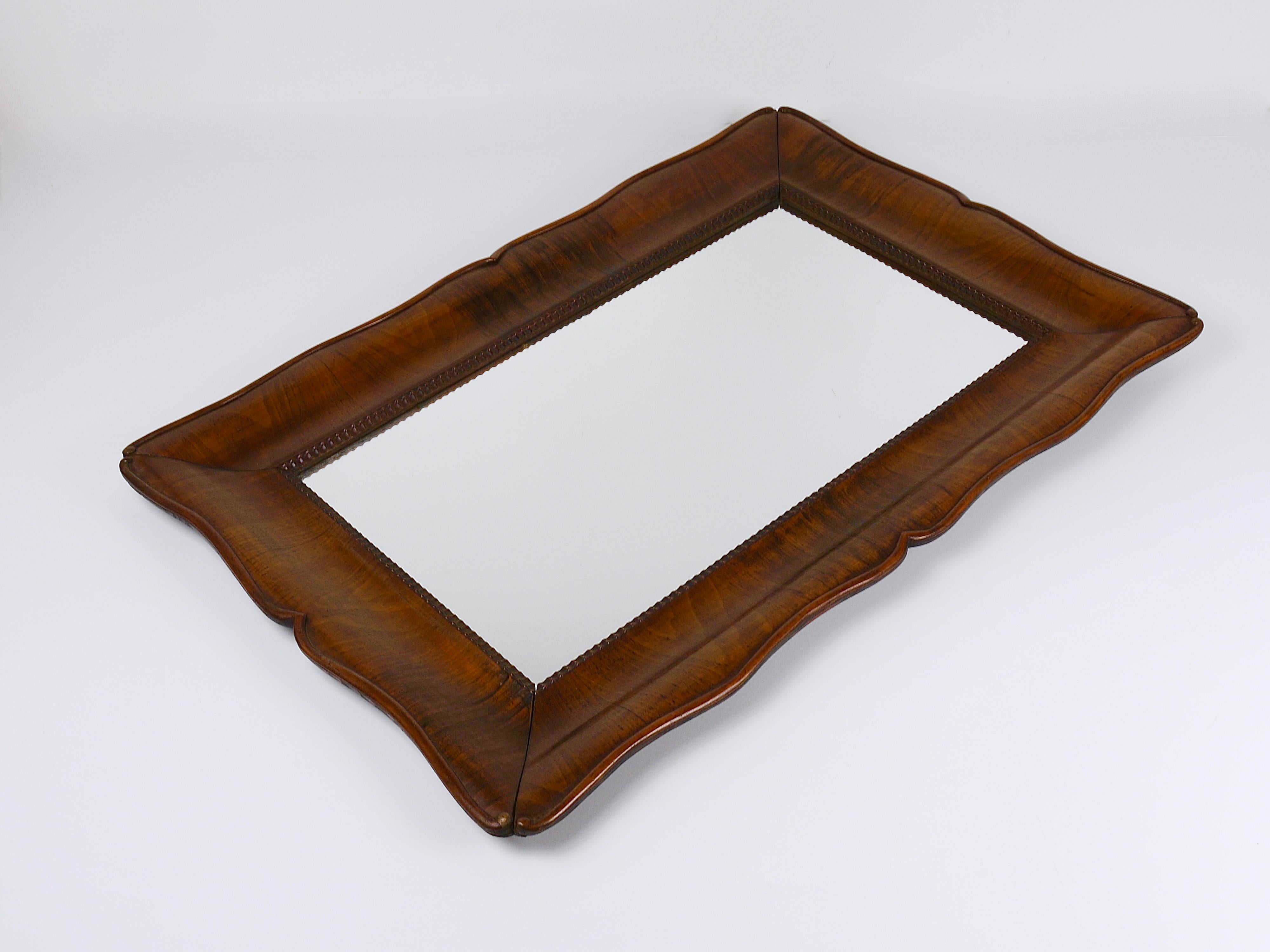 Austrian Square Biedermeier Carved & Scalloped Walnut Wall Mirror, Vienna, ca. 1850 For Sale