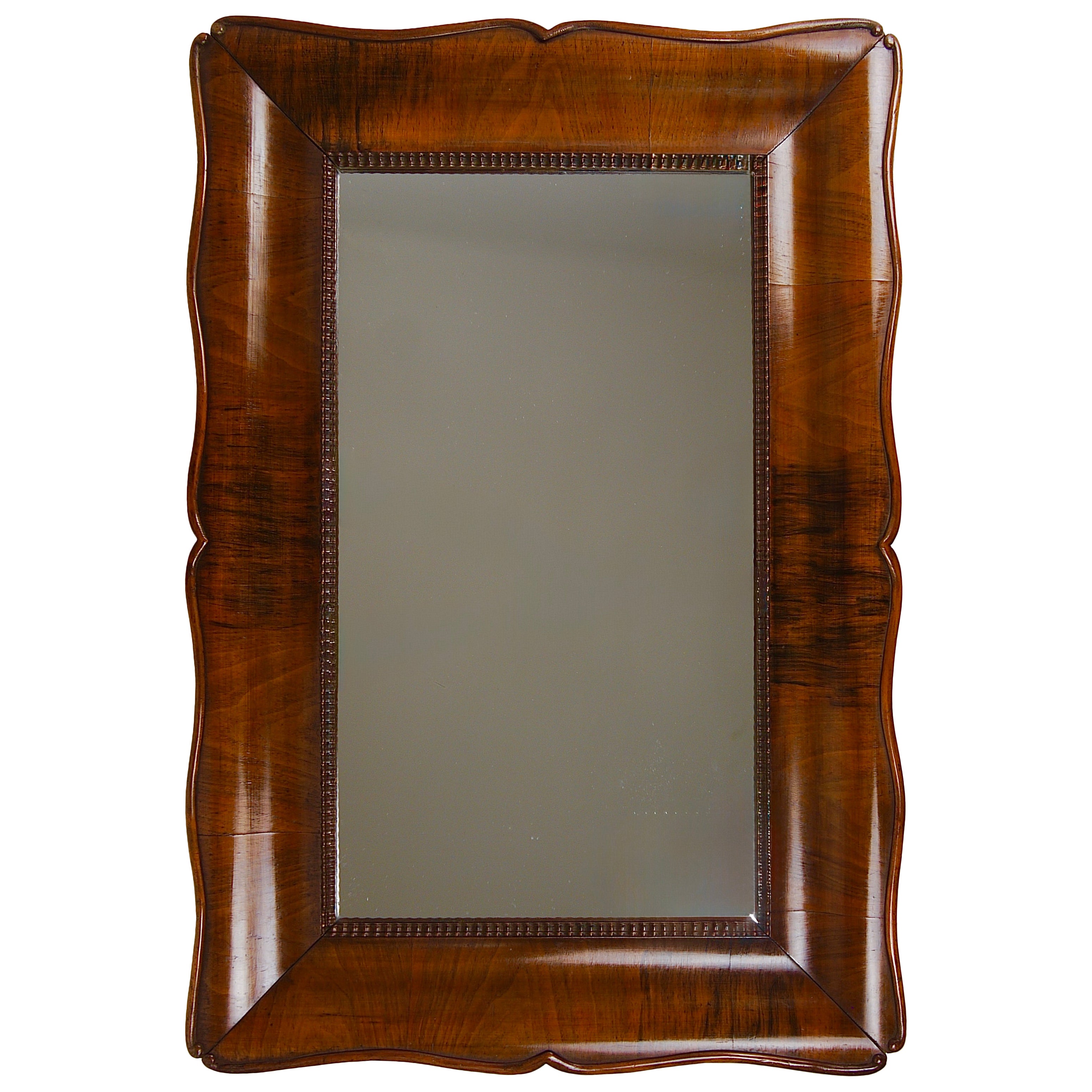 Square Biedermeier Carved & Scalloped Walnut Wall Mirror, Vienna, ca. 1850 For Sale