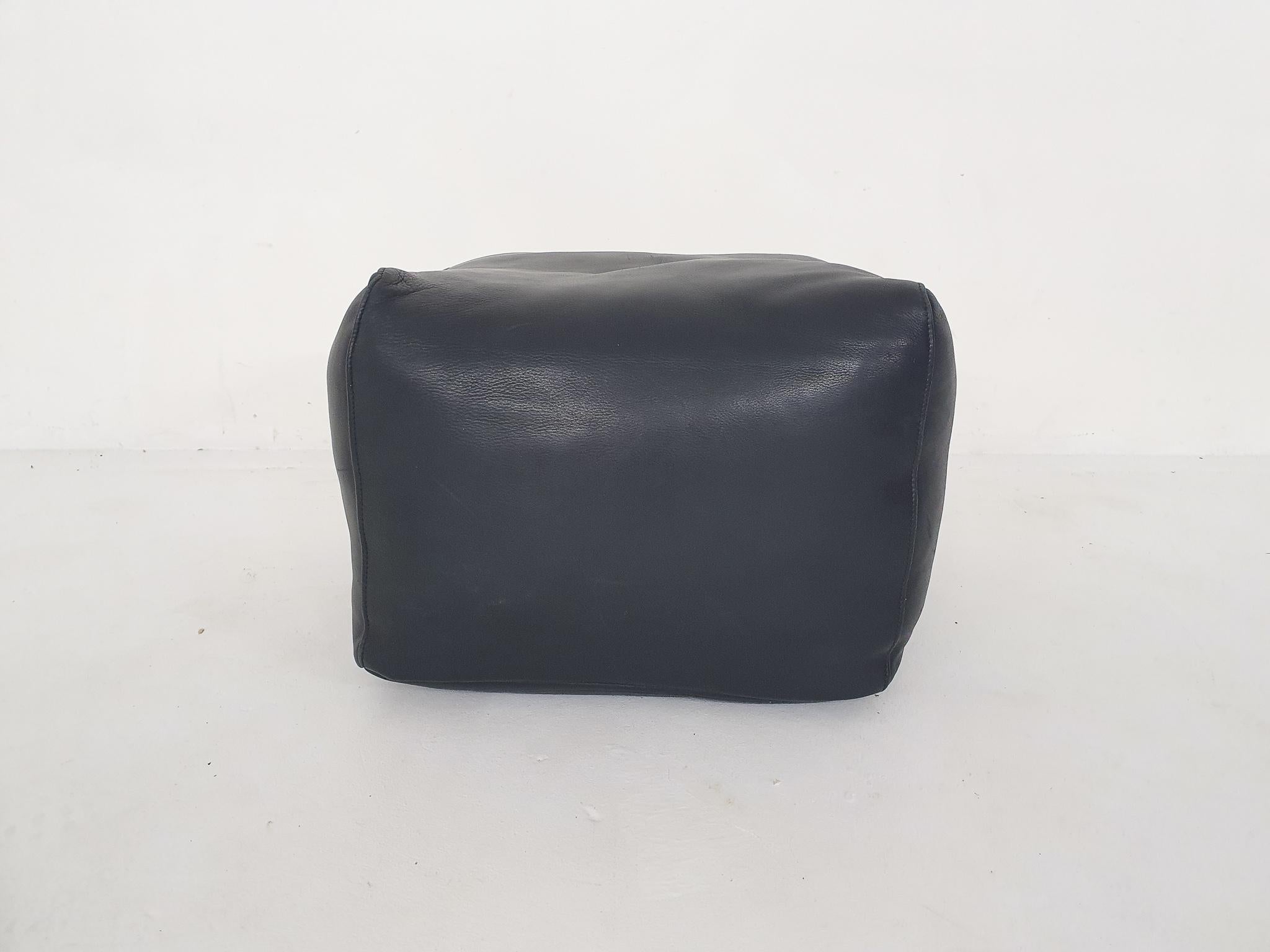 Mid-Century Modern Square Black Leather Ottoman or Poof, France, 1980's