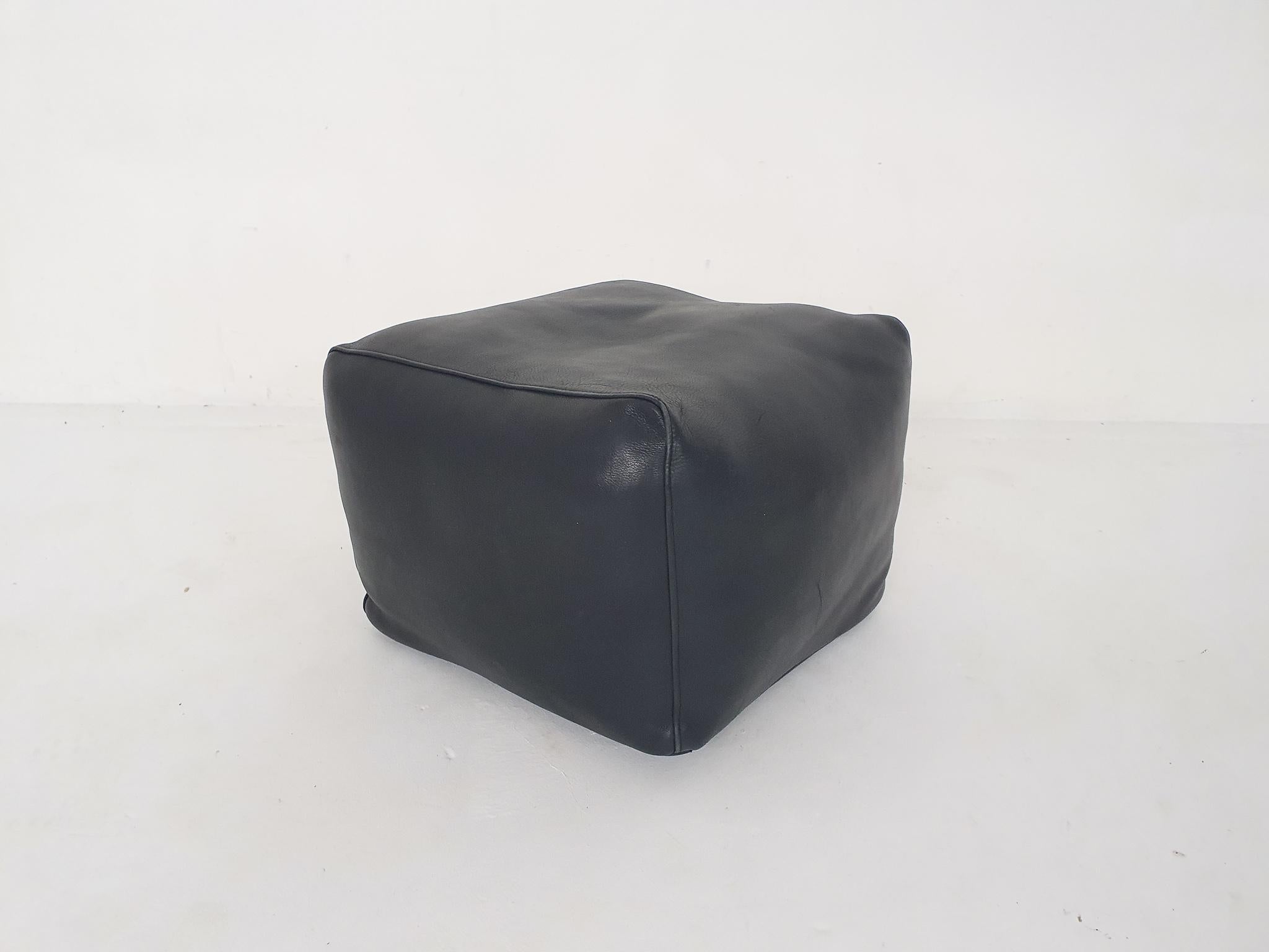 French Square Black Leather Ottoman or Poof, France, 1980's