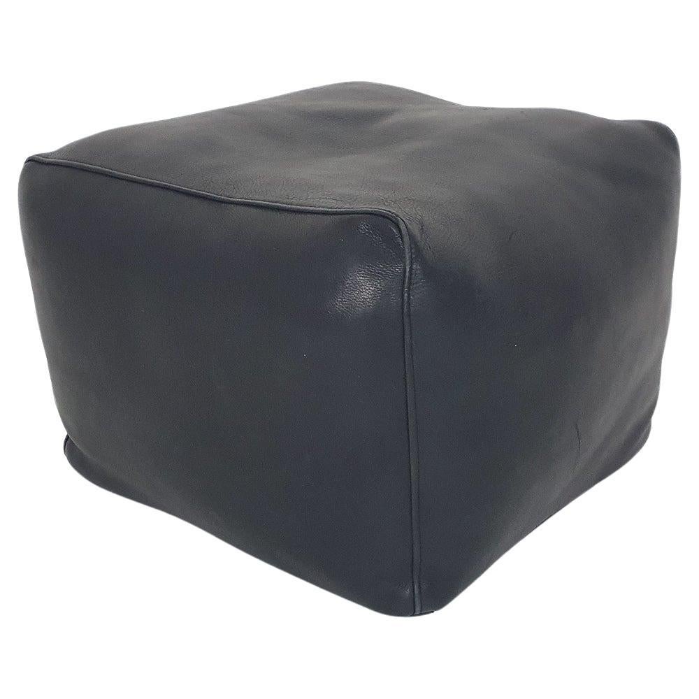 Square Black Leather Ottoman or Poof, France, 1980's