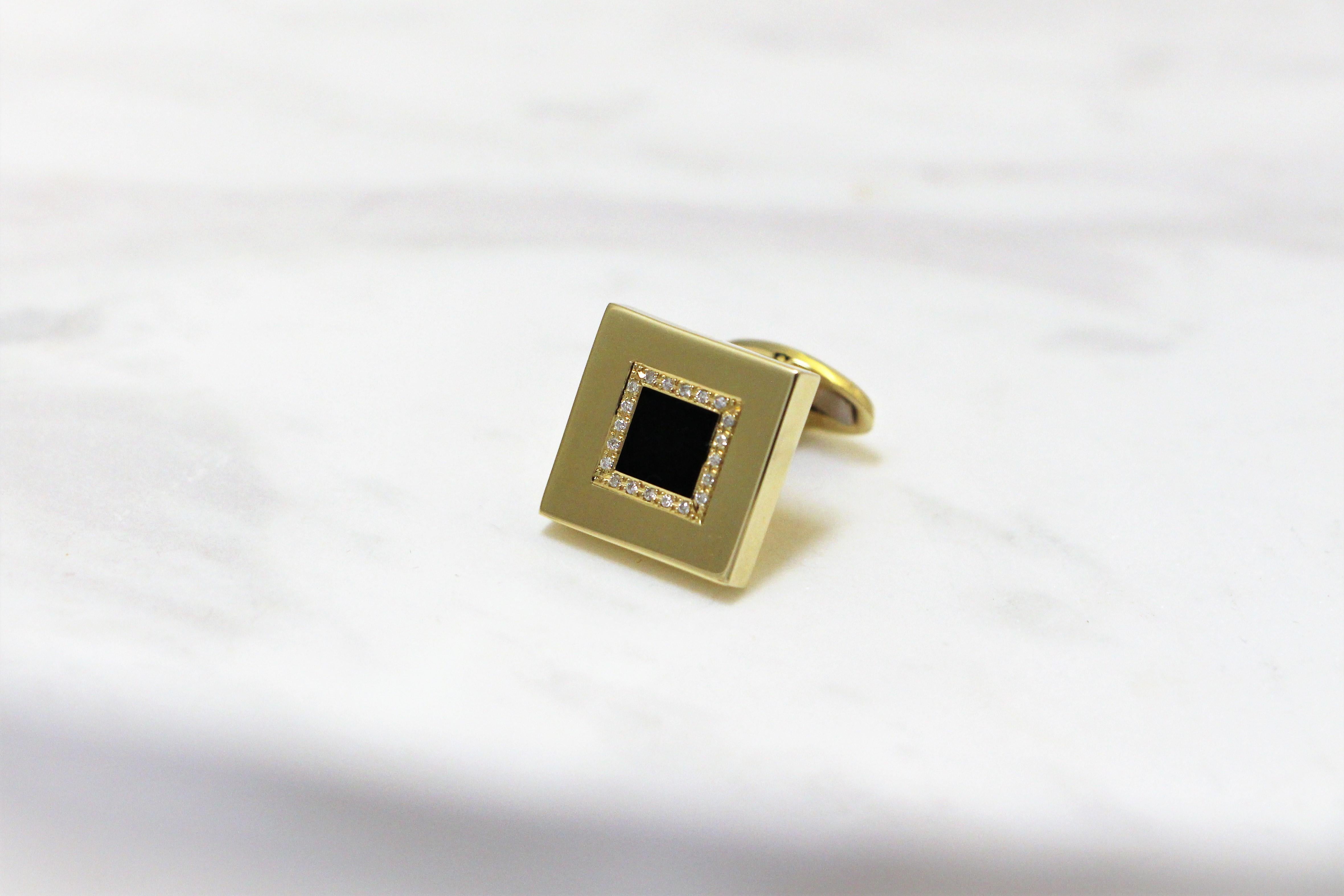 Diamonds Square Cufflinks handcrafted in 14Kt yellow gold, featuring black onyx that is framed by pave white brilliant cut diamonds 0,16 ct. This combination of colours, absorbs and reflects the light all around you. These Cufflinks belong to