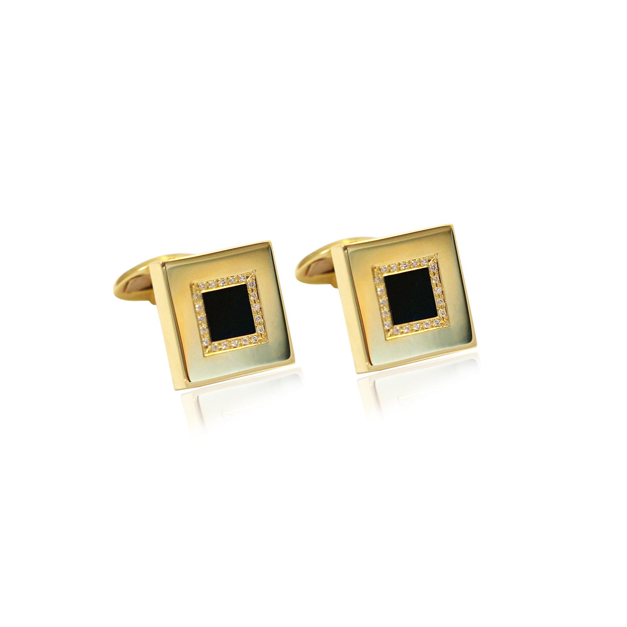 Women's or Men's Square Black Onyx Cufflinks with Brilliant Cut Diamonds in 14Kt Yellow Gold For Sale