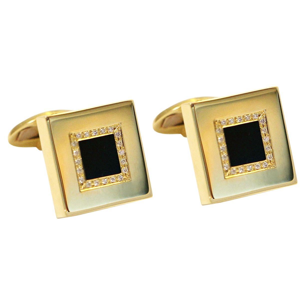 Square Black Onyx Cufflinks with Brilliant Cut Diamonds in 14Kt Yellow Gold For Sale