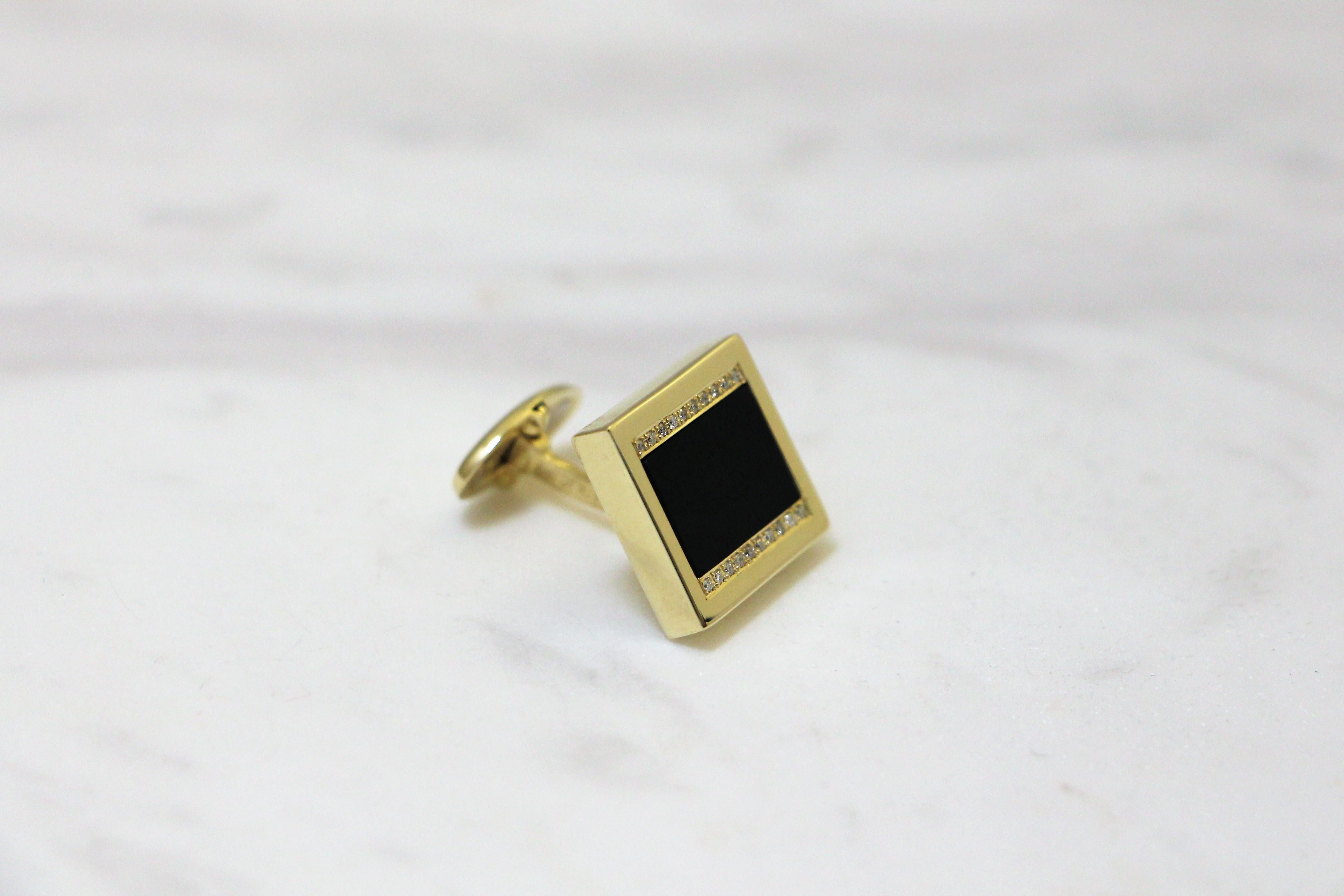 Square cufflinks with brilliant cut diamonds featuring a black onyx and two elegant lines of pave brilliant cut diamonds 0.16 carat. The Black Onyx and the gold combination captures the eternal spirit of fashion with timeless sophistication. These