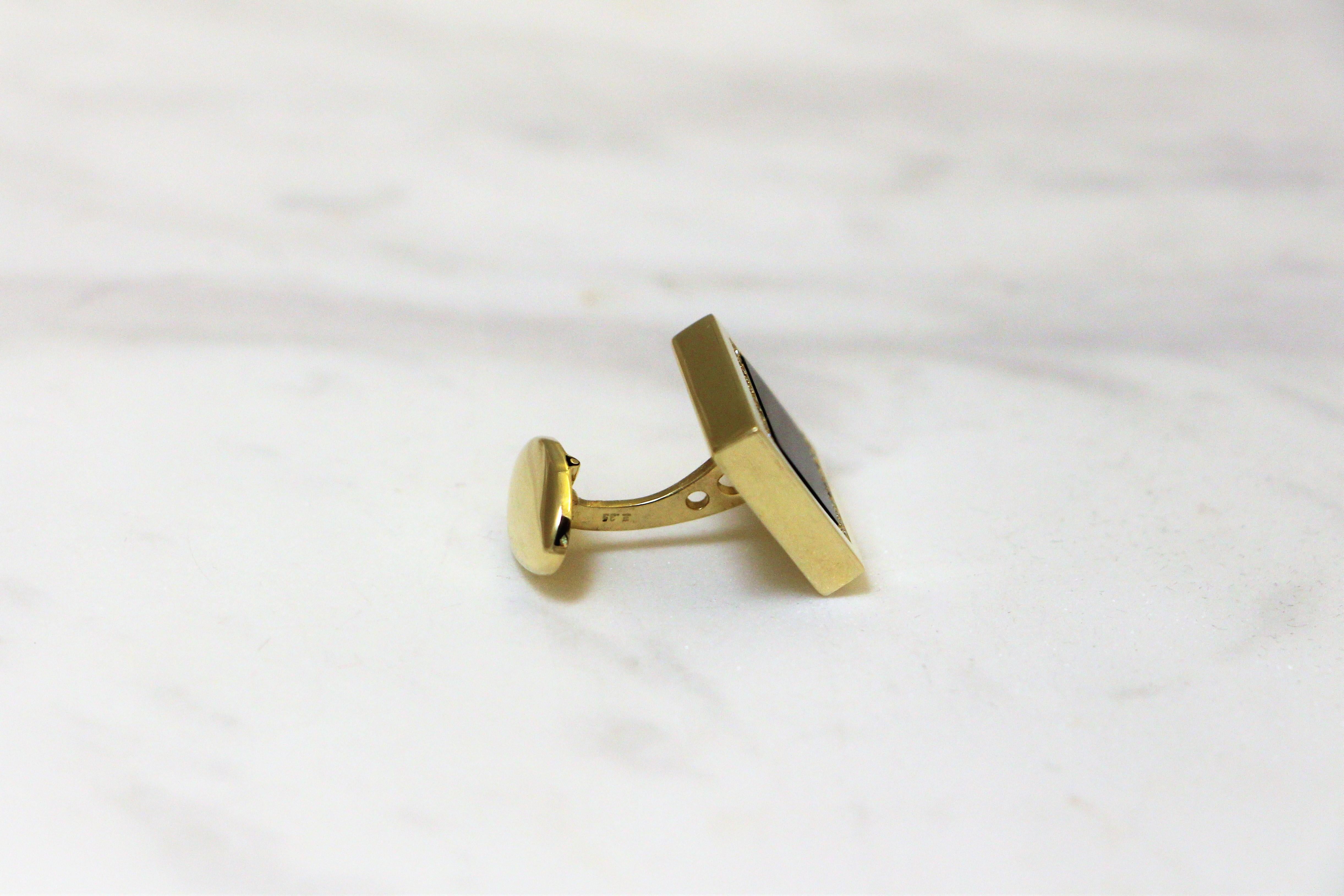 Contemporary Square Black Onyx Cufflinks with Pave Brilliant Cut Diamonds in 14Kt Yellow Gold For Sale