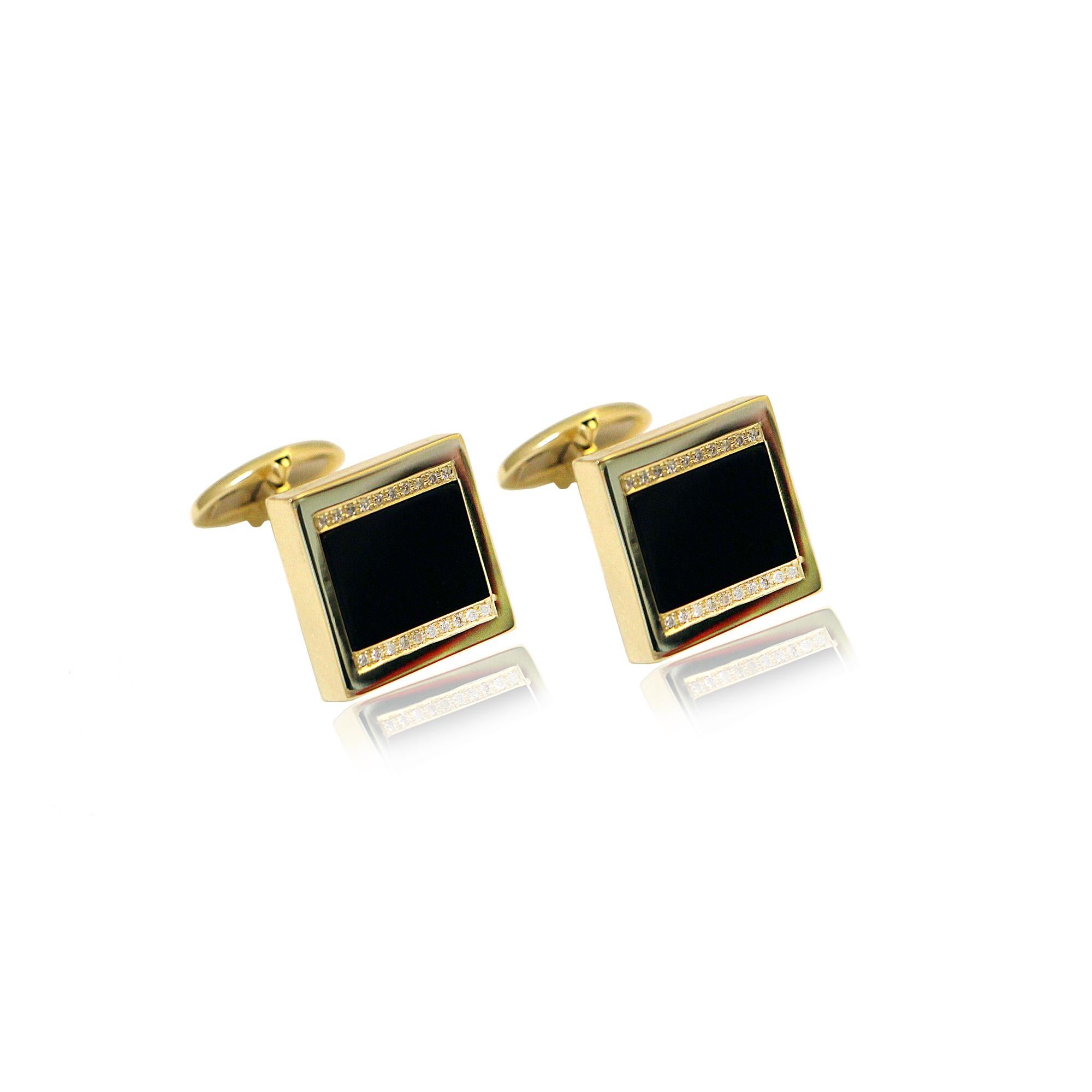 Women's or Men's Square Black Onyx Cufflinks with Pave Brilliant Cut Diamonds in 14Kt Yellow Gold For Sale