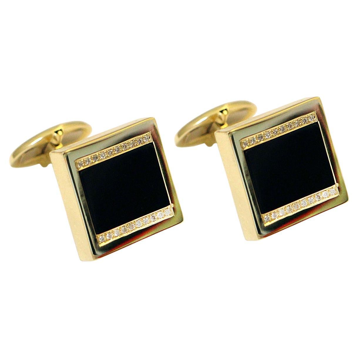 Boutons de manchette carrés en onyx noir et or jaune 14 carats avec diamants taille brillant pavés