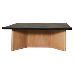 Square Black Slate Top, Oak Base Coffee Table in Style of Frank Lloyd Wright