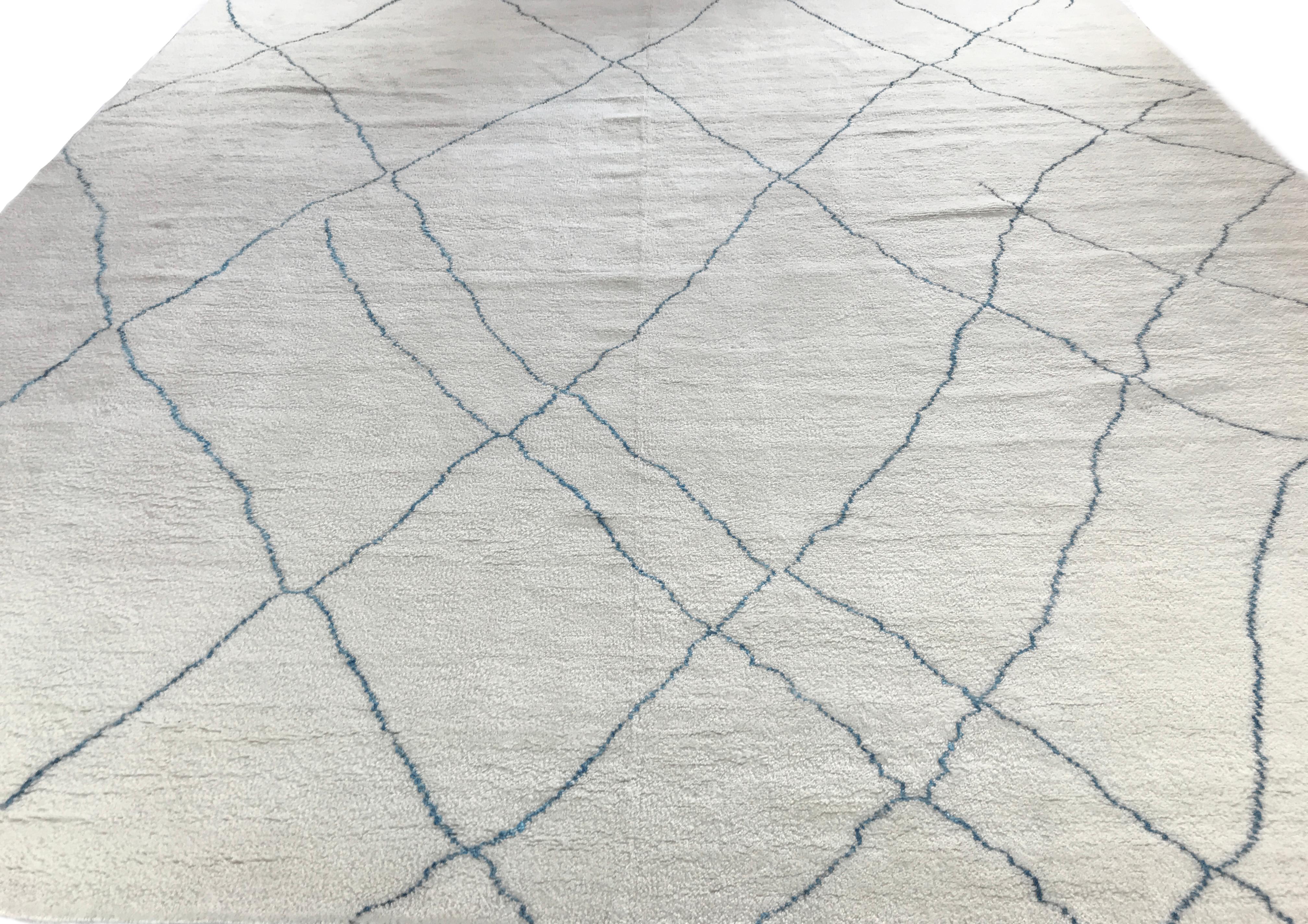 Hand-Knotted Square Blue and Off White Moroccan Rug For Sale