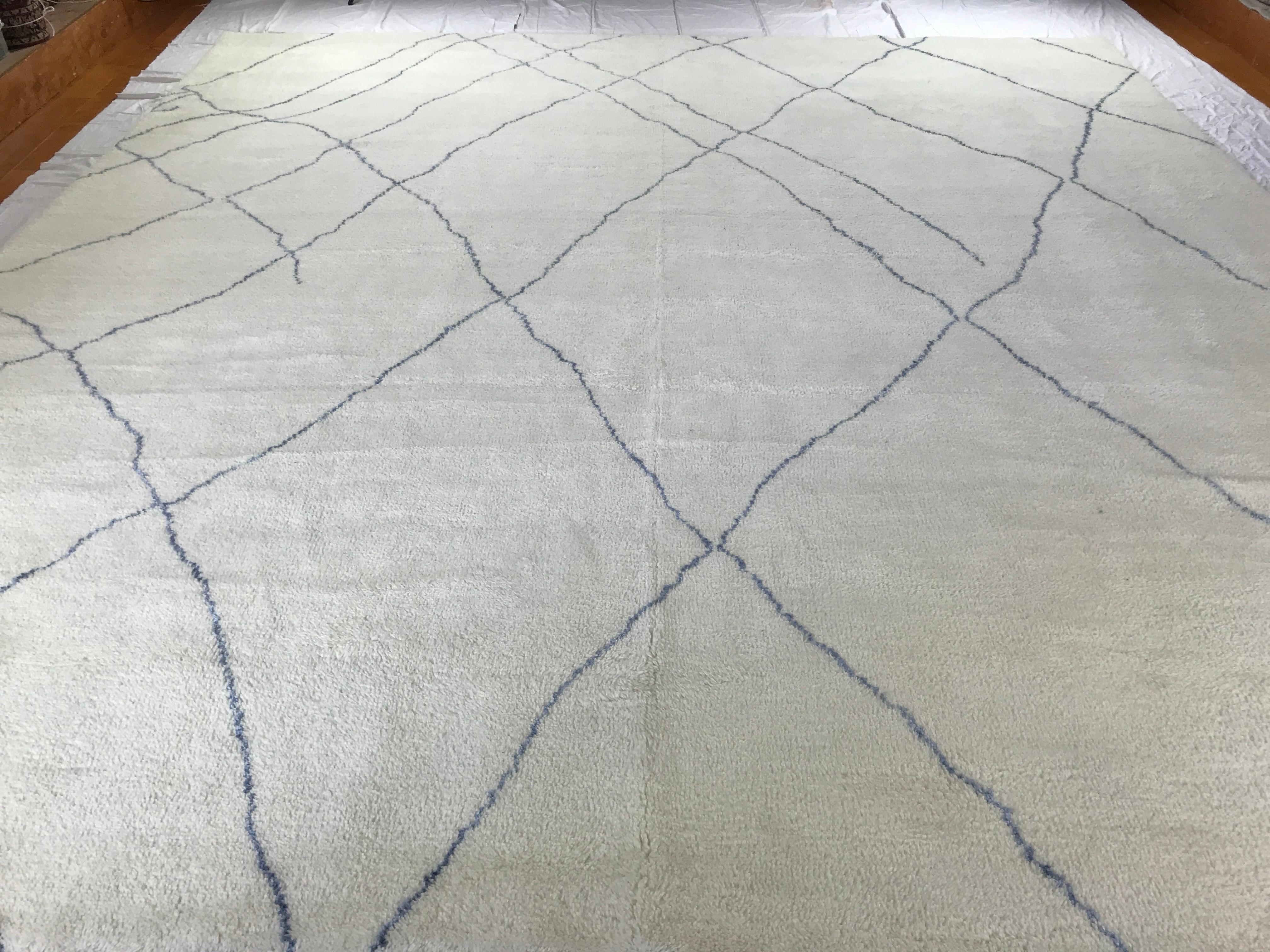 Contemporary Square Blue and Off White Moroccan Rug For Sale