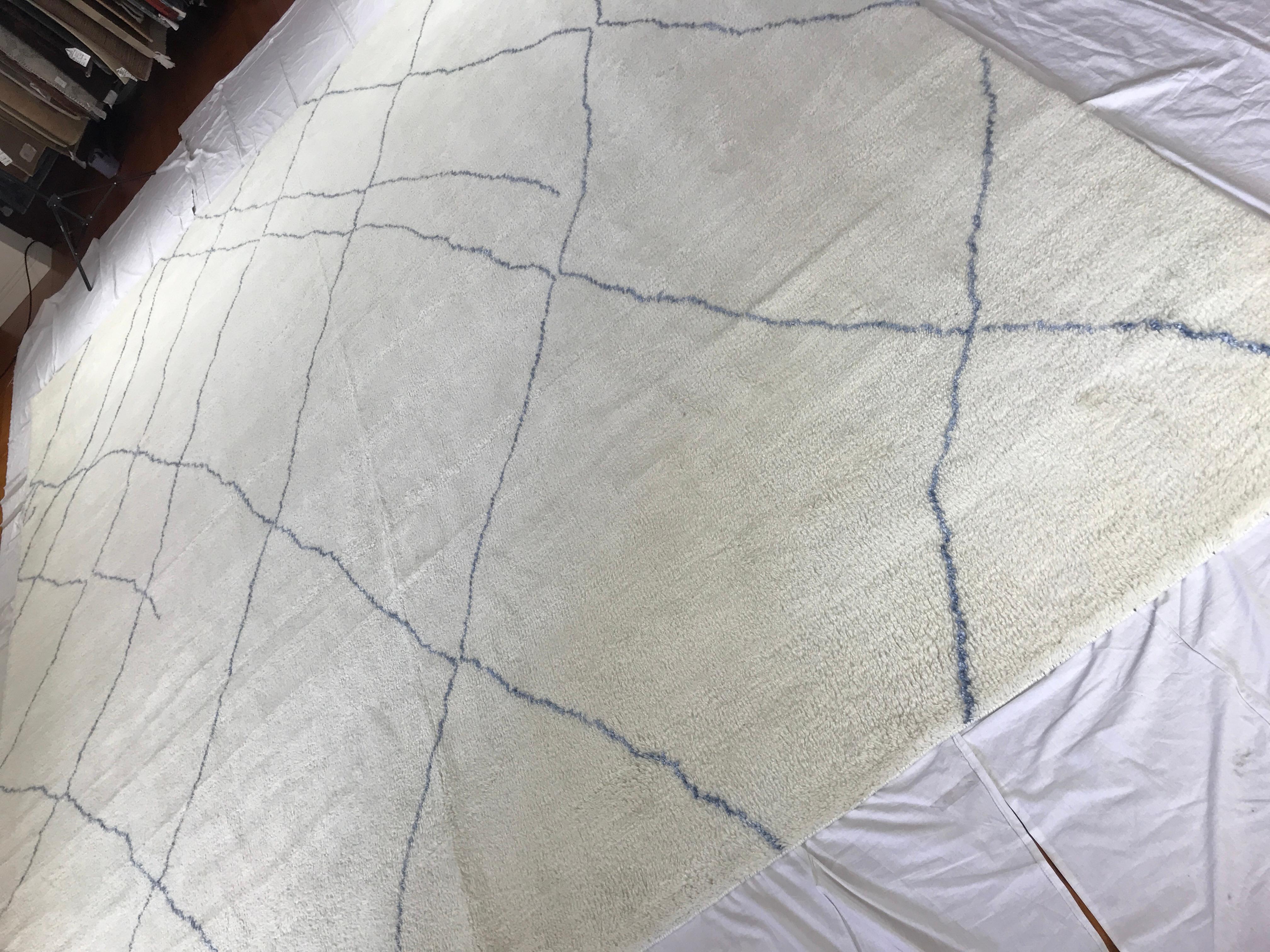 Wool Square Blue and Off White Moroccan Rug For Sale