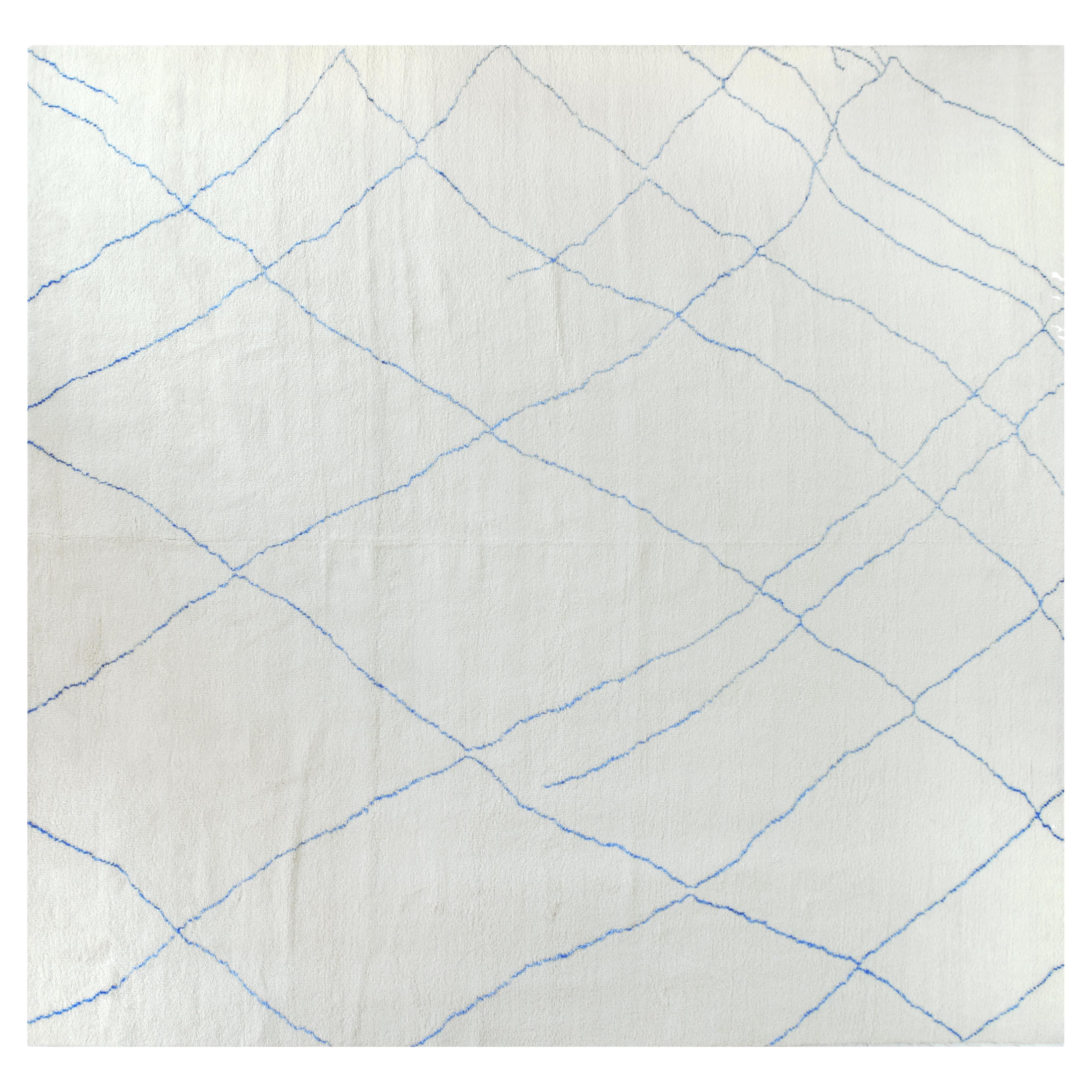 Square Blue and Off White Moroccan Rug For Sale