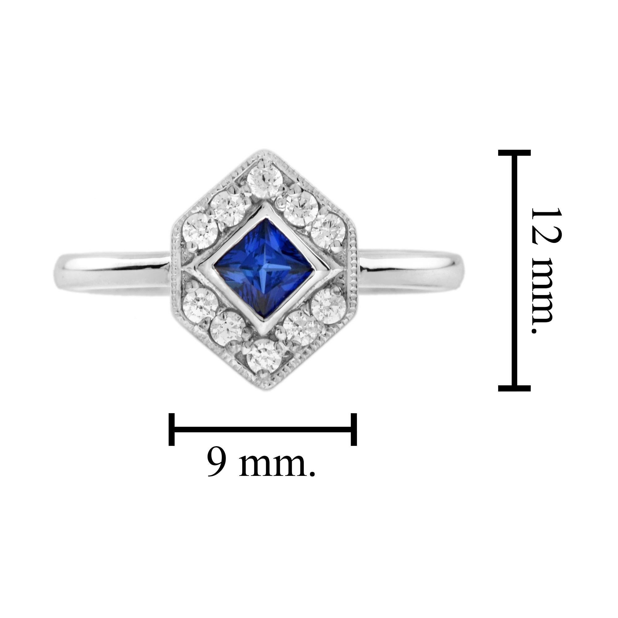 Art Deco Square Blue Sapphire and Diamond Hexagon Engagement Ring in 14K White Gold For Sale