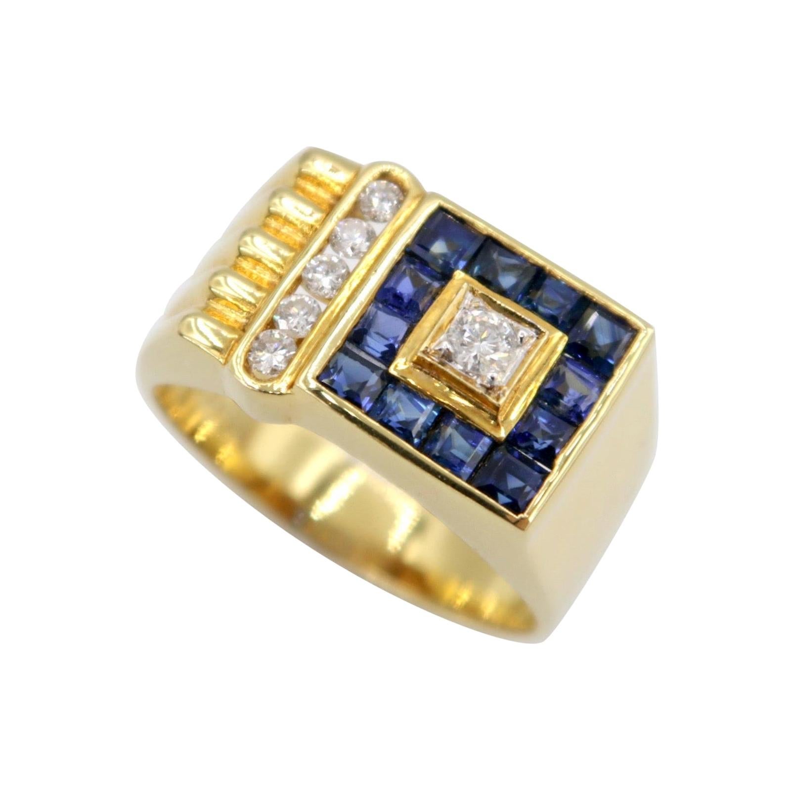 Square Blue Sapphire Diamond Channel-Set Fluted 18k Yellow Gold Men's Ring For Sale