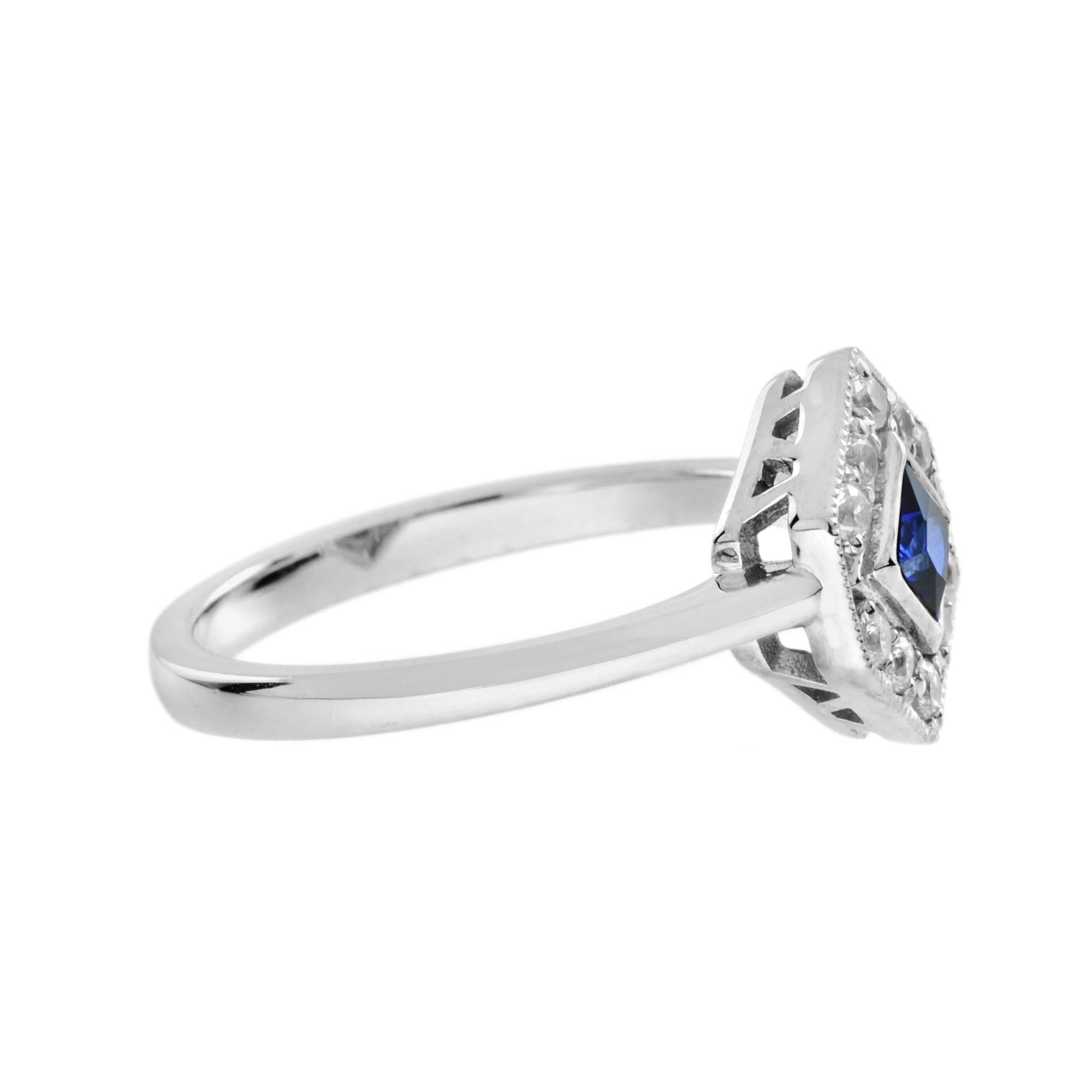 Art Deco Square Blue Sapphire & Diamond Hexagon 14K White Gold Ring For Sale
