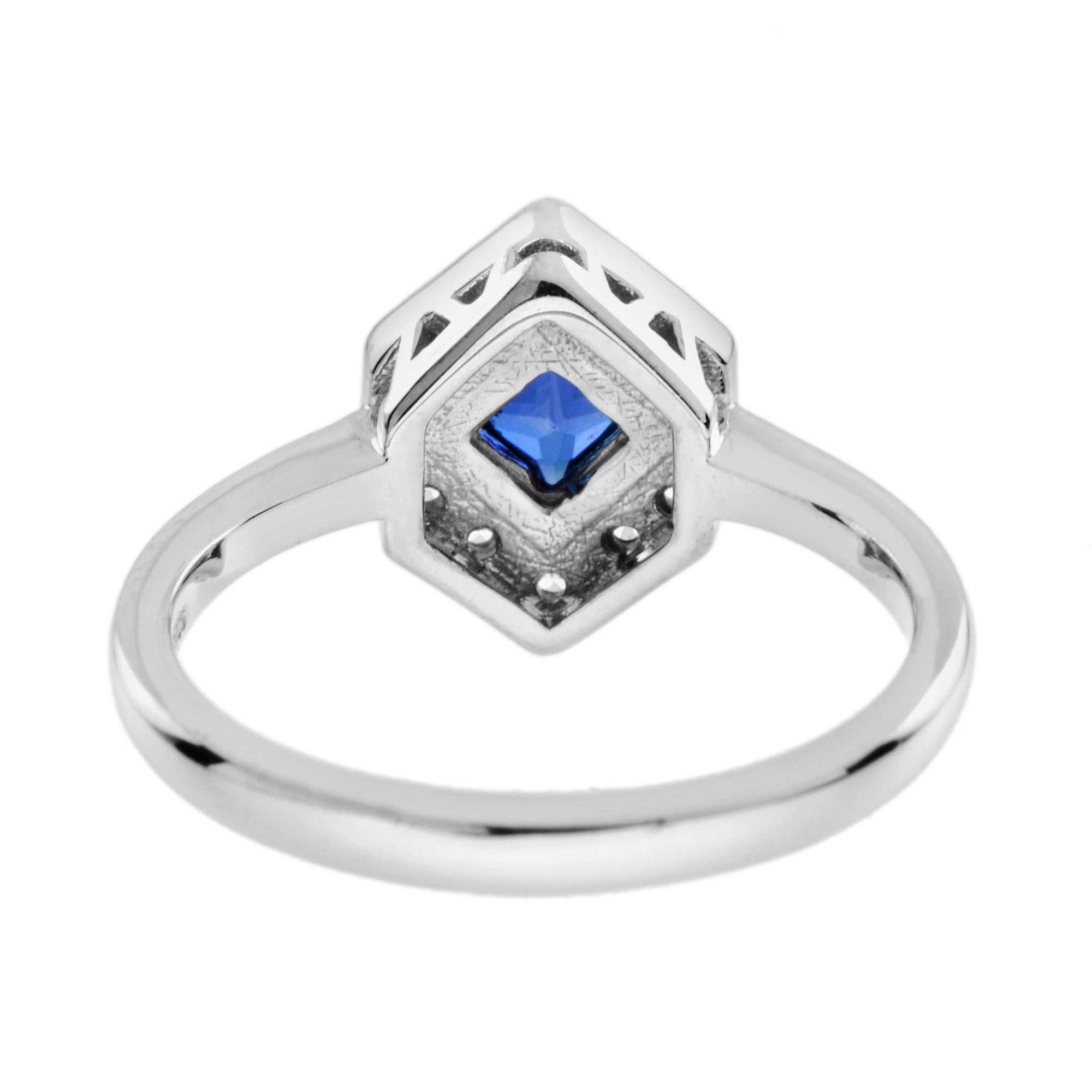 Square Cut Square Blue Sapphire & Diamond Hexagon 14K White Gold Ring For Sale