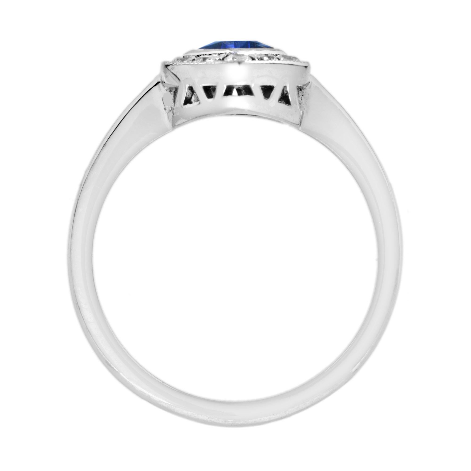 Square Blue Sapphire & Diamond Hexagon 14K White Gold Ring In New Condition For Sale In Oakton, VA